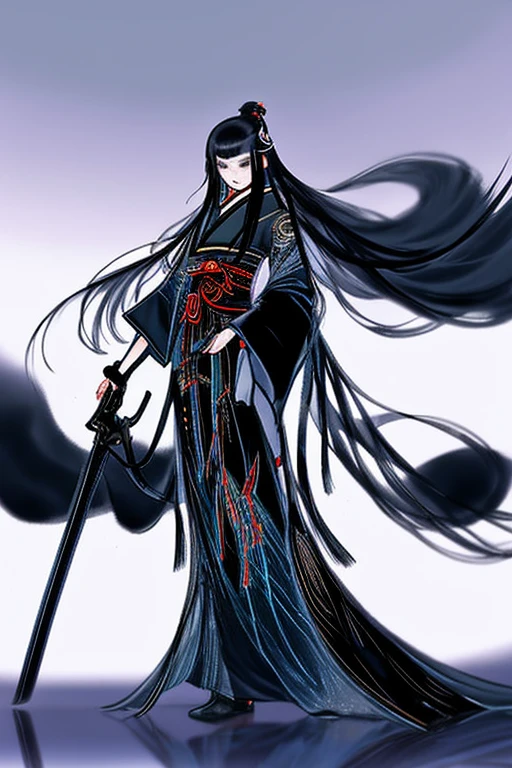 1girl,black very long hair,japanese mythology,full body,from below,holding weapon,cinematic lighting,