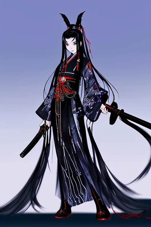 1girl,black very long hair,japanese mythology,full body,from below,holding weapon,cinematic lighting,