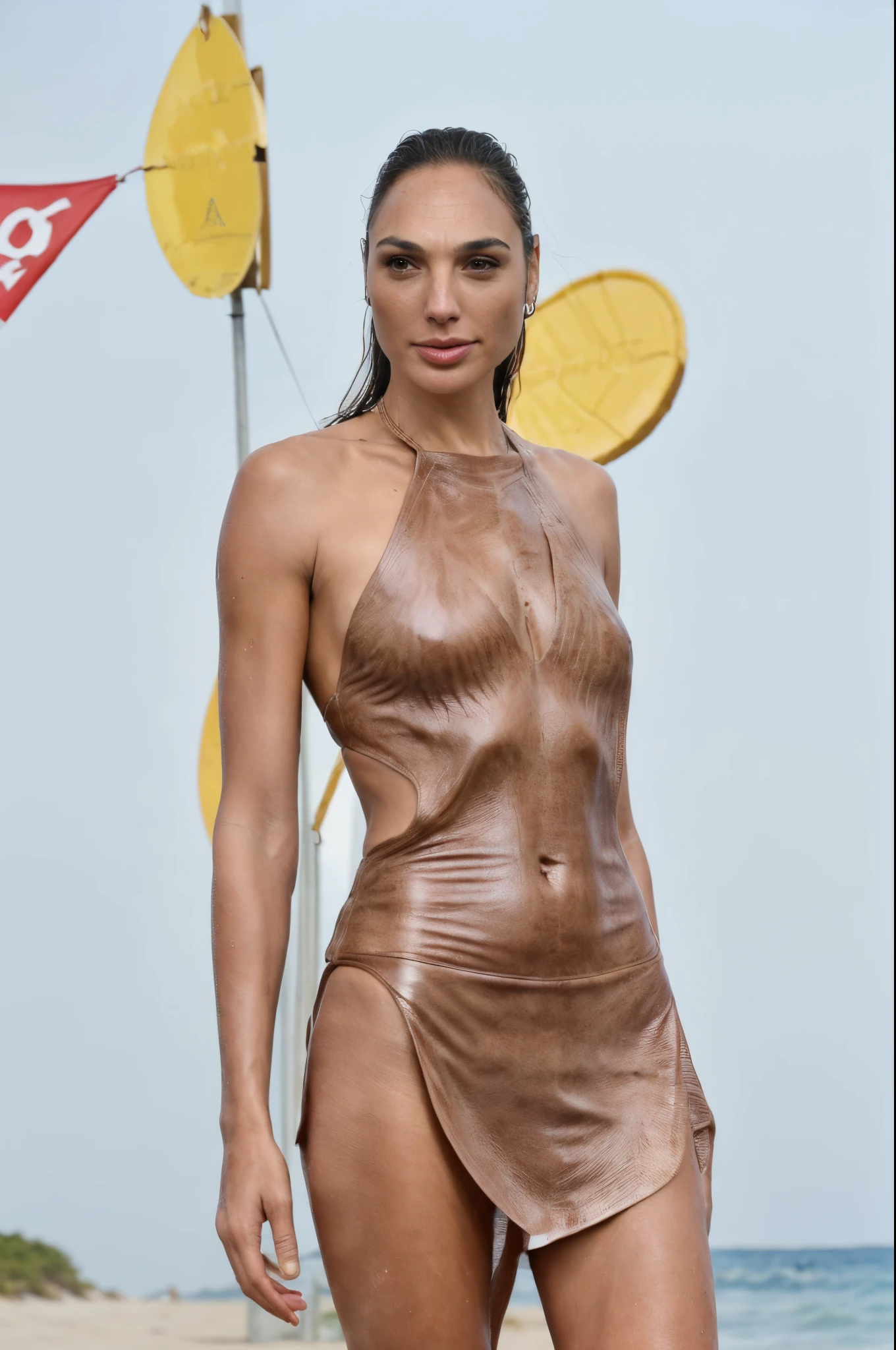 [ paparazzi   photo of Gal gadot ] (40 years old  female celebrity) (insanely detailed realistic  skin texture, tanned buttery  skin tone) ( wearing : leather browny  bikini, beach side party ), ( tall woman , long legs, big body ), (( perfect body parts ,hyper photorealistic  lighting ,Clear facial features, 85mm, 100mm lens ))