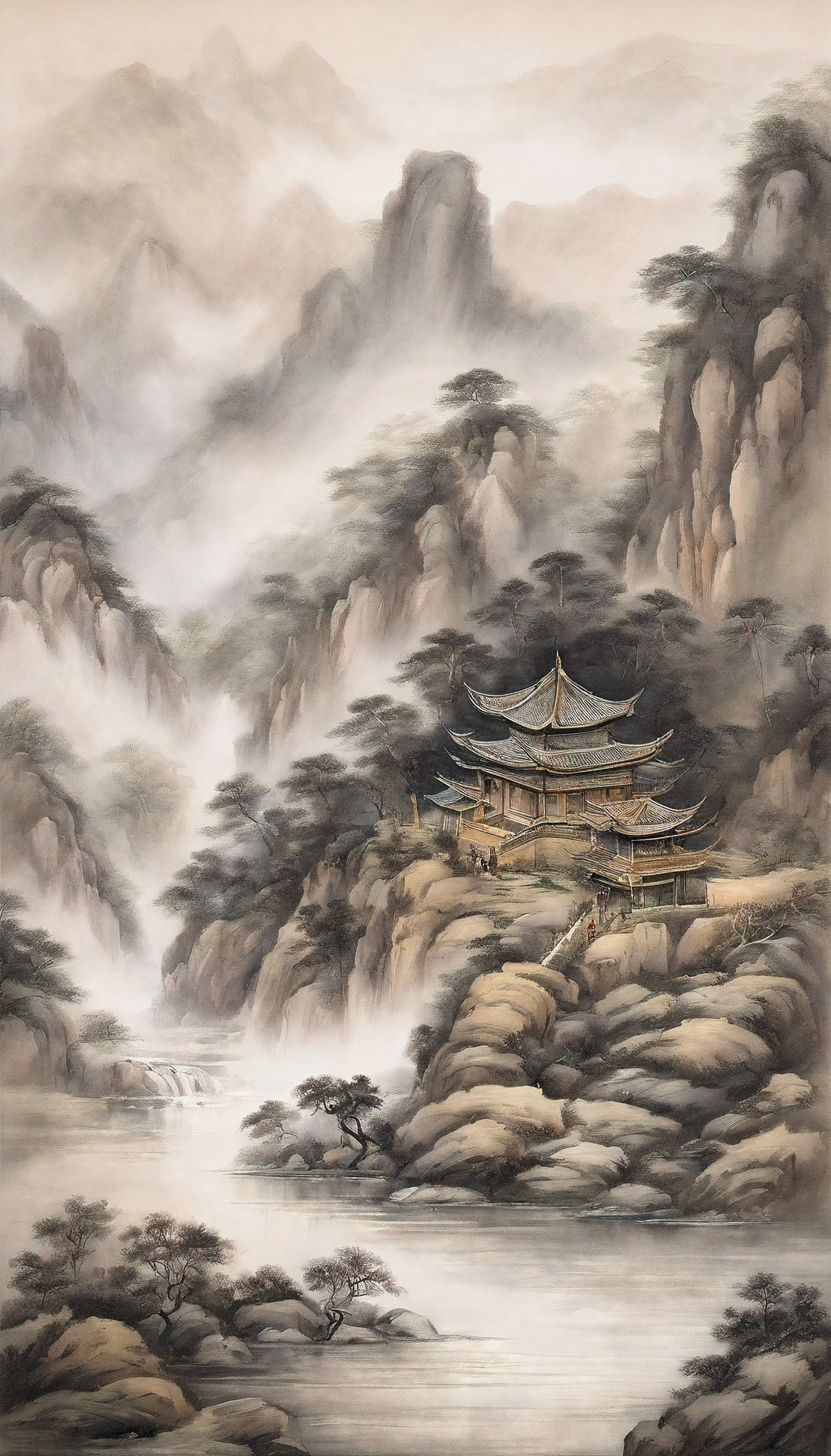 Chinese landscape painting,ink and watercolor painting,water ink,ink,Smudge,Faraway view,Ultra-wide viewing angle,Meticulous,Light boat in the distance,Faraway view,Meticulous,Smudge,low-saturation,Low contrast,The light boat has crossed the Ten Thousand Heavy Mountains,Beautifully depicted,A detailed,acurate,Works of masters,tmasterpiece
