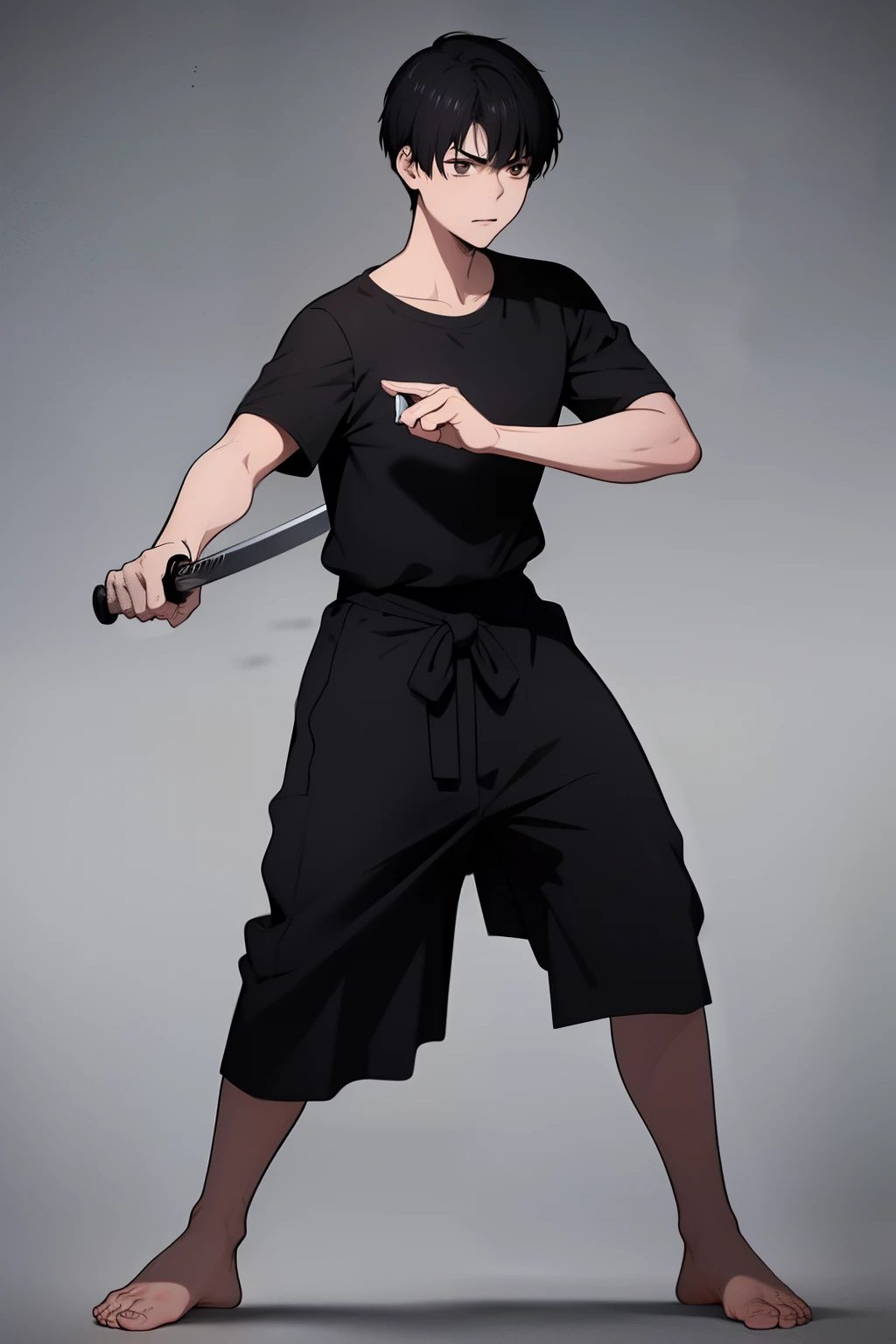 Cute boy, short black hair pulled up, black clothes, full body, sword,boy, a young boy, Bangs up, hair standing up, Combat stance, Fighting stance, Hand drawing is better