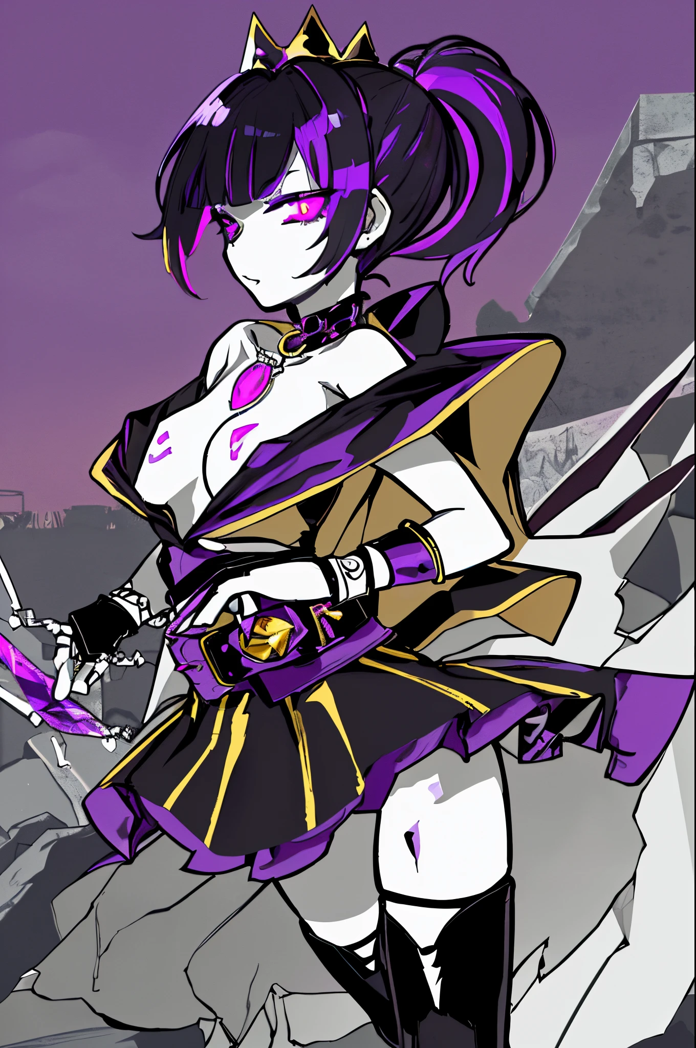 vampire queen, perfect body shape, small breast, battle skirt, (royal cape:1.1), main color is matte black, secondary color is purple, sexy and devil aura, original character, masterpieces, seducing purple pupil, (multi color high pony tail 1:1.2), walking under blood moon and middle of the destroyed city street, purple gem accessories, golden belt, golden necklace, windy and evil effect, soft moon light focus, corruption, extremely delicate and beautiful eyes, messy bang, unique crown