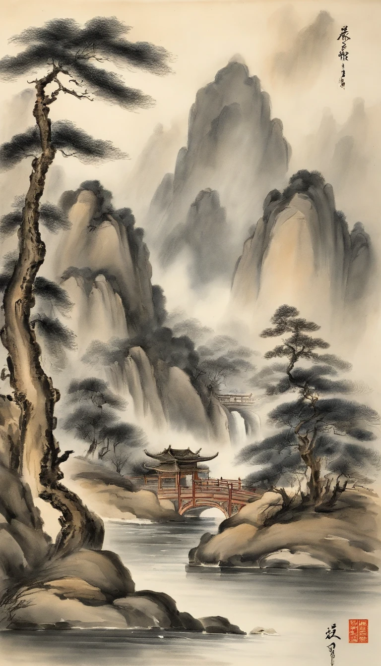 Chinese figure landscape painting,Ink painting and watercolor,larger ancient figures,The scholar,Lao Tzu,disciple,ink,Faraway view,Ultra-wide viewing angle,meticuloso,Low saturation in distant view,low-contrast,Beautifully depicted,Acura,Works of masters,tmasterpiece