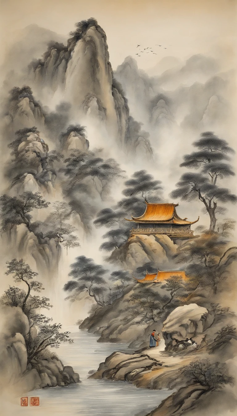 Chinese figure landscape painting,Ink painting and watercolor,larger ancient figures,The scholar,Lao Tzu,disciple,ink,Faraway view,Ultra-wide viewing angle,meticuloso,Low saturation in distant view,low-contrast,Beautifully depicted,Acura,Works of masters,tmasterpiece