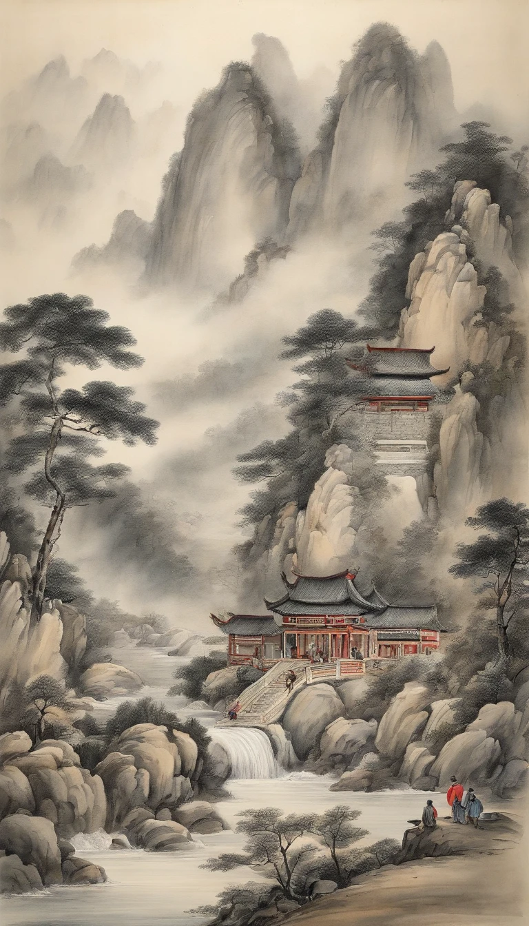 Chinese figure landscape painting,Ink painting and watercolor,larger ancient figures,The scholar,Lao Tzu,disciple,ink,Faraway view,Ultra-wide viewing angle,meticuloso,Low saturation in distant view,low-contrast,Beautifully depicted,Acura,Works of masters,tmasterpiece