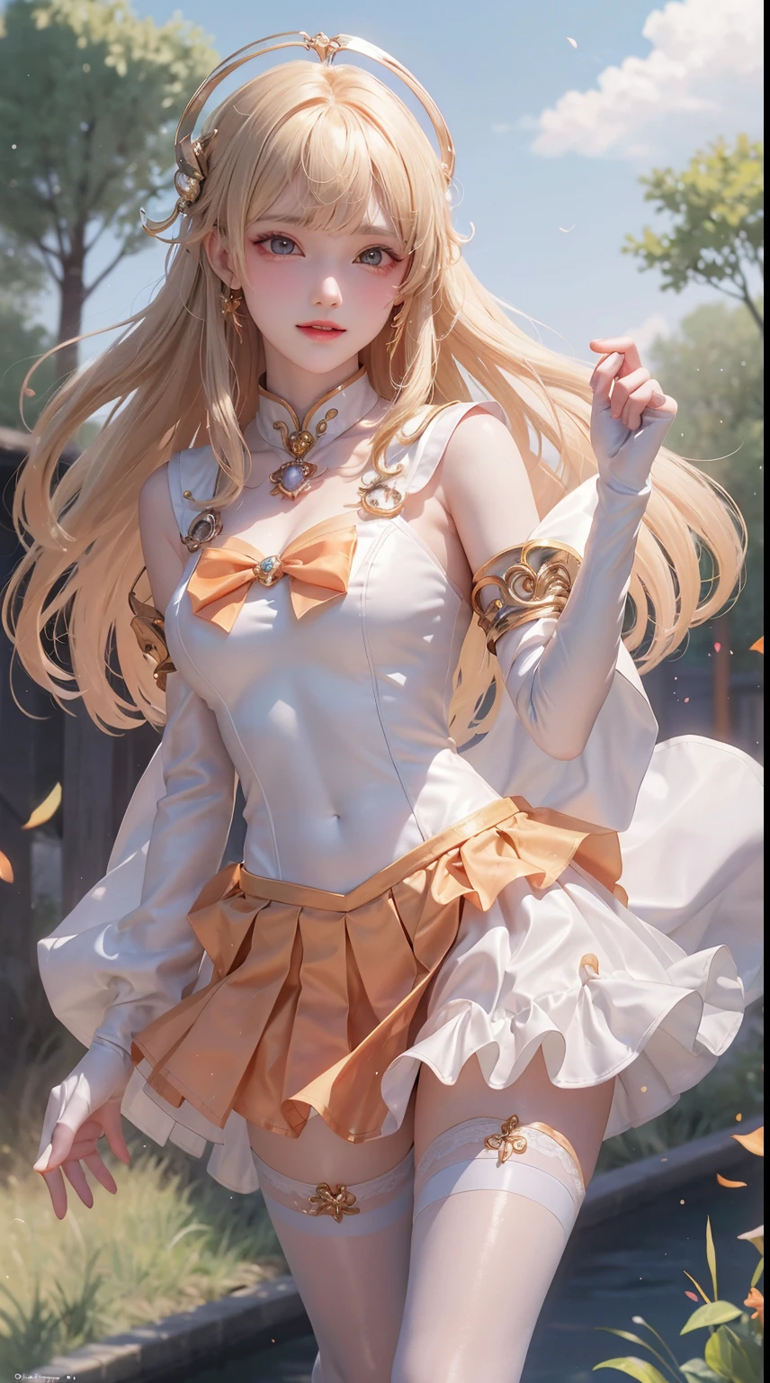tmasterpiece, top-quality, A high resolution, SV1, Sailor warrior uniform, one blonde, orangeskirt, Wear gloves on elbows,Elbow woods, tiao, Orange sailor collar, sailorvenus, orange collar, whitegloves, jewely,A smile, Minako Aino,, Skirt cracked, Permanent, white straitjacket,, Gorgeous fabrics, Leather texture, ssmile, Cinema lenses, beautiful ambiance, depth of fields, Manhwa Style, the watercolor style, Flutter, ventania, Wind lift, shinny hair,