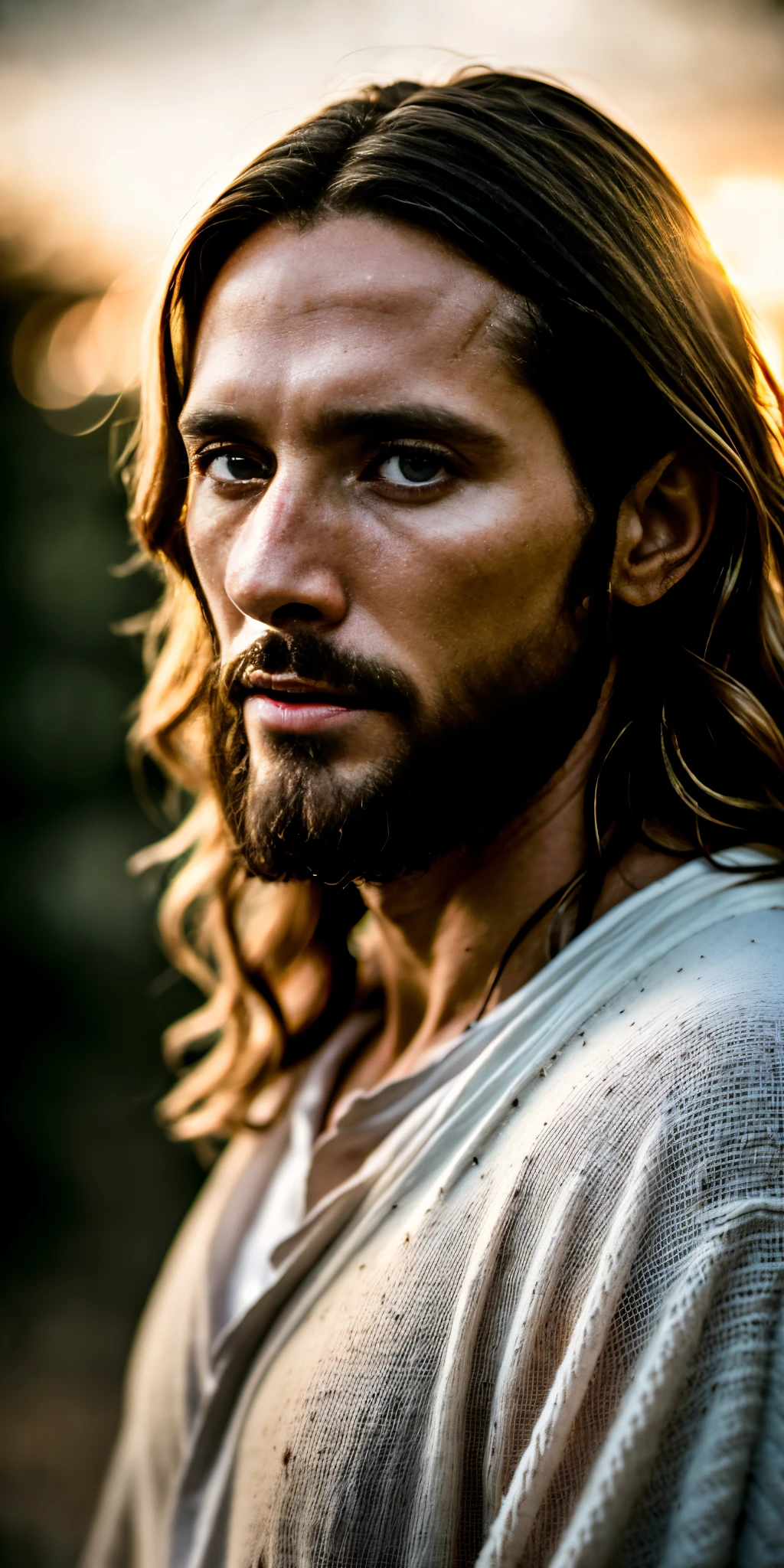 portrait of modern day Jesus, cinematic lighting, depth of field, bokeh, realism, photorealistic, hyperrealism, professional photography, uhd, dslr, hdr
