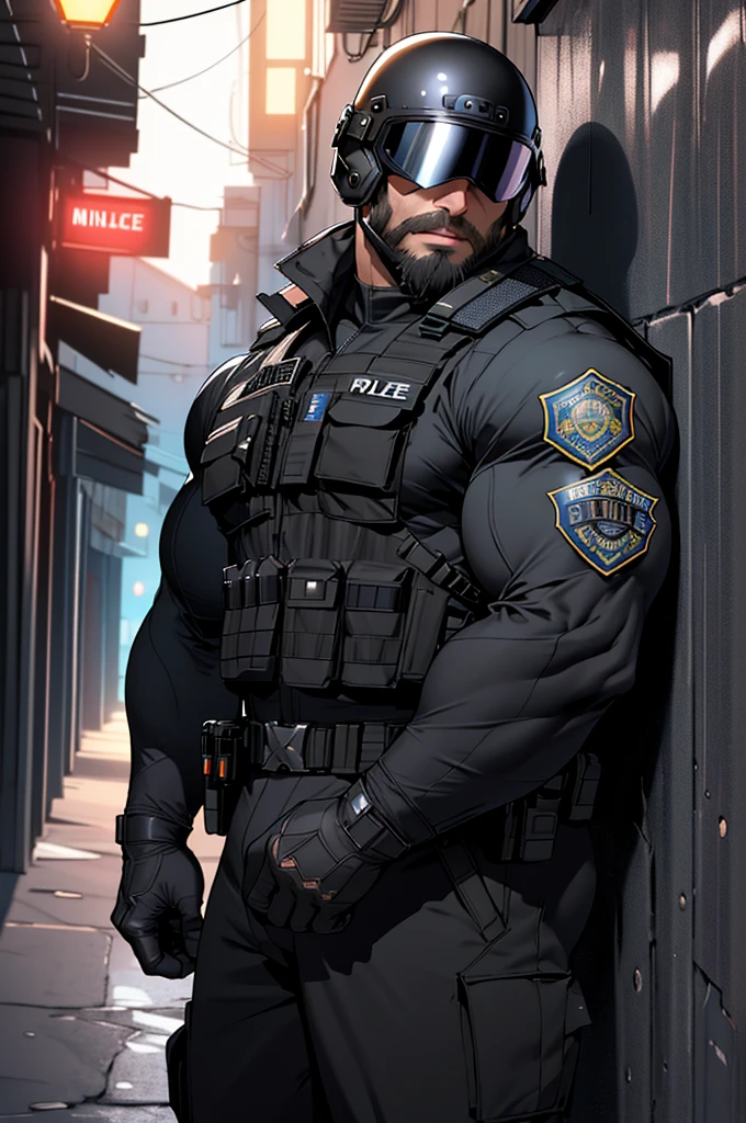 best quality, masterpiece, super high resolution, detailed background, realistic, illustration, single, 1 boy, muscle man, beard, SWAT, swat mask and helmet, dark alley street, muscle, face cover, volumetric lighting, depth of field, black clothes, ((black police uniform)), hypnosis, (bulge), daddy