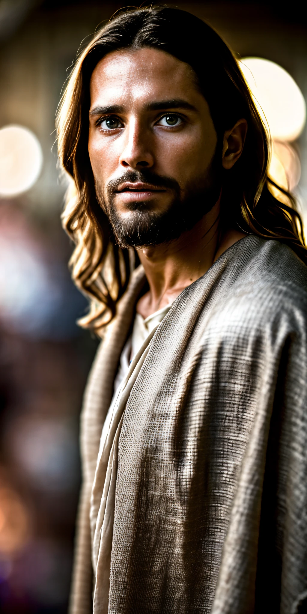 portrait of modern day Jesus, cinematic lighting, depth of field, bokeh, realism, photorealistic, hyperrealism, professional photography, uhd, dslr, hdr