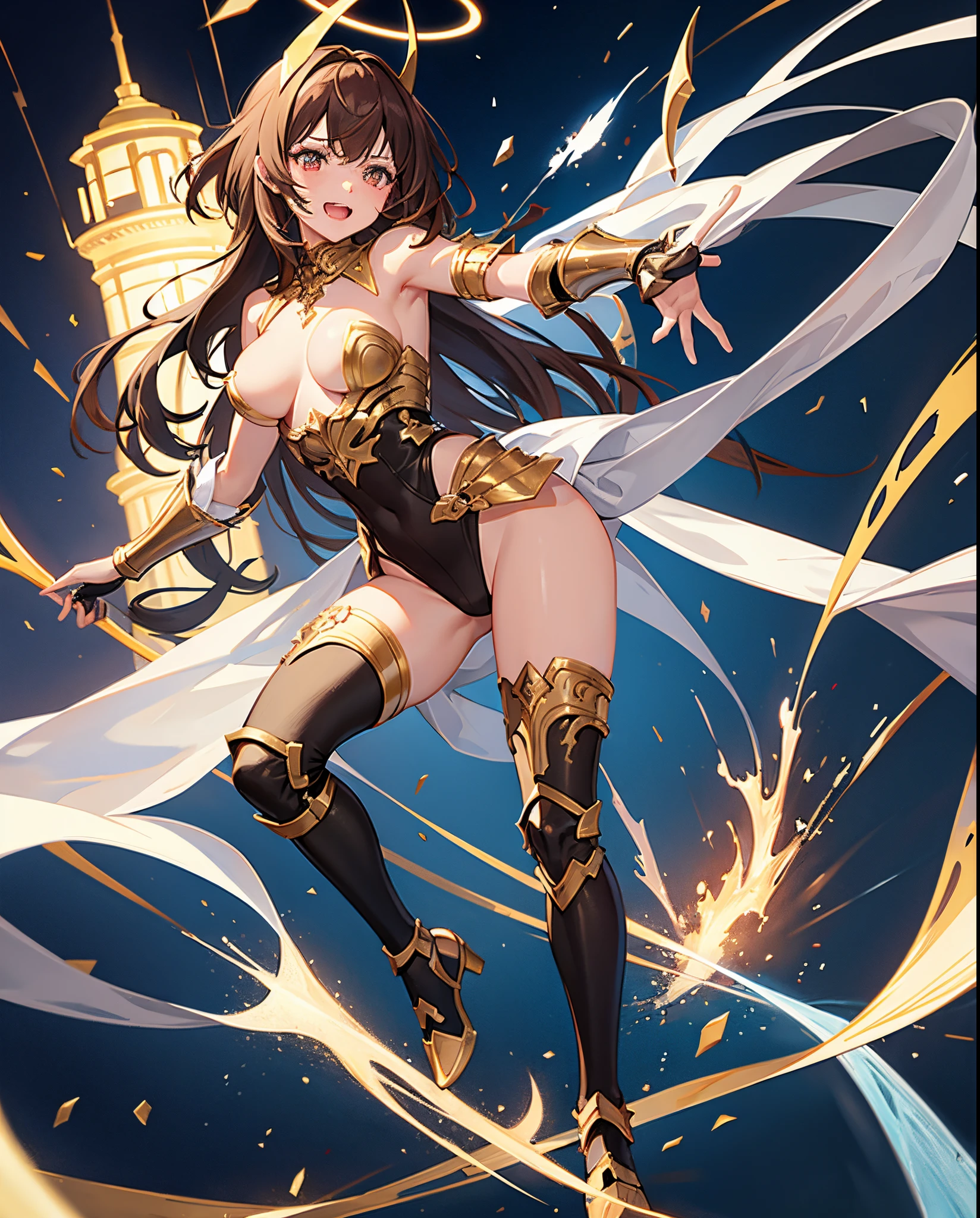 fantasy, 1angel_girl,child, loli,brown_hair, medium_bob_hair, long_bangs, halo,bare_shoulder,thighhighs,silver_armor, waist_armor, large_breasts,angry,grinning,open_mouth_teeth, 1pair_wings, dynamic_pose_fighting,floating, bare_crotch, headgear,gauntlet, greaves,city_sky_background,slightly_spread_legs, solo, groin_naked,dark_skin,