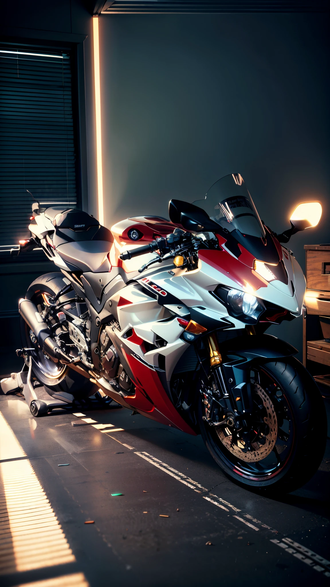 there is a motorcycle that is parked in a room, front lit, front side full, front profile!!!!, front profile, taken with sony a7r camera, front shot, yoshimura exhaust, front profile shot, cinematic front shot, front flash, motorcycle, front facing shot, front side, facing front, light from right, kawasaki, with dramatic lighting