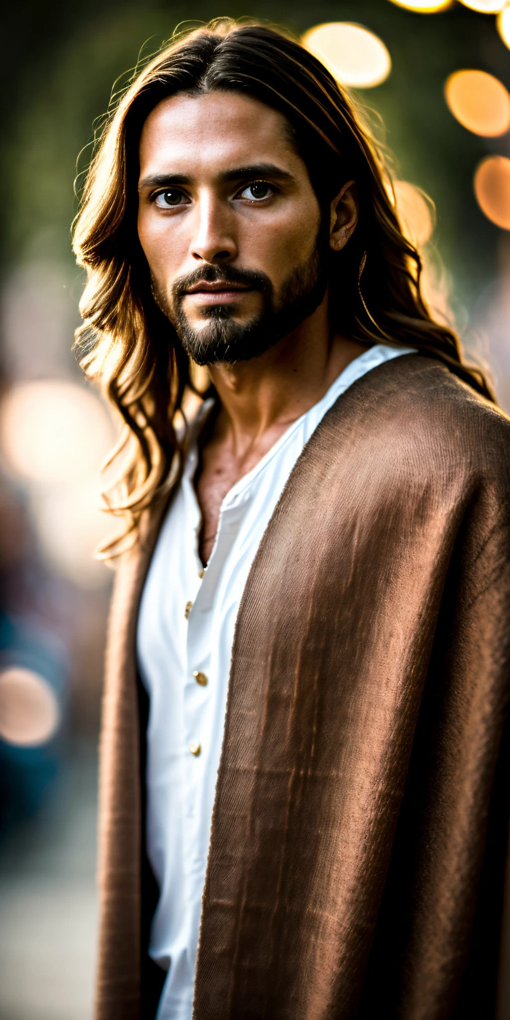 portrait of modern day Jesus, cinematic lighting, depth of field, bokeh, realism, photorealistic, hyperrealism, professional photography, uhd, dslr, hdr