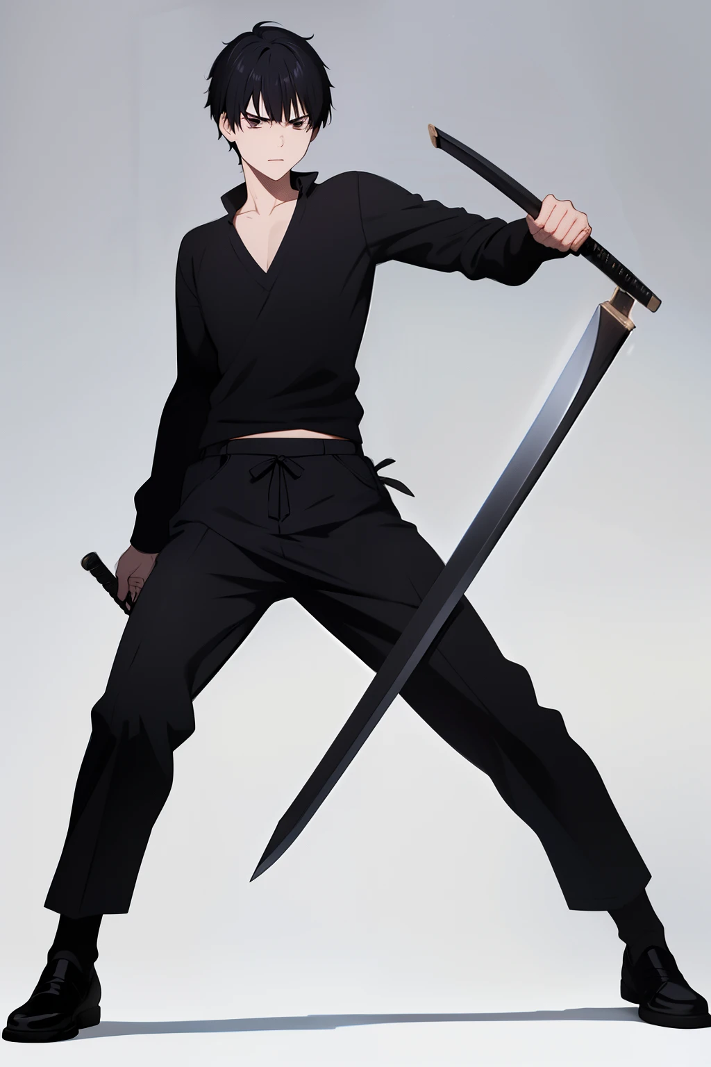 Cute boy, short black hair pulled up, black clothes, full body, sword,boy, a young boy, Bangs up, hair standing up, Combat stance, Fighting stance, Hand drawing is better, sexy body, Better eye drawing, finer details, better sword drawing, high quality