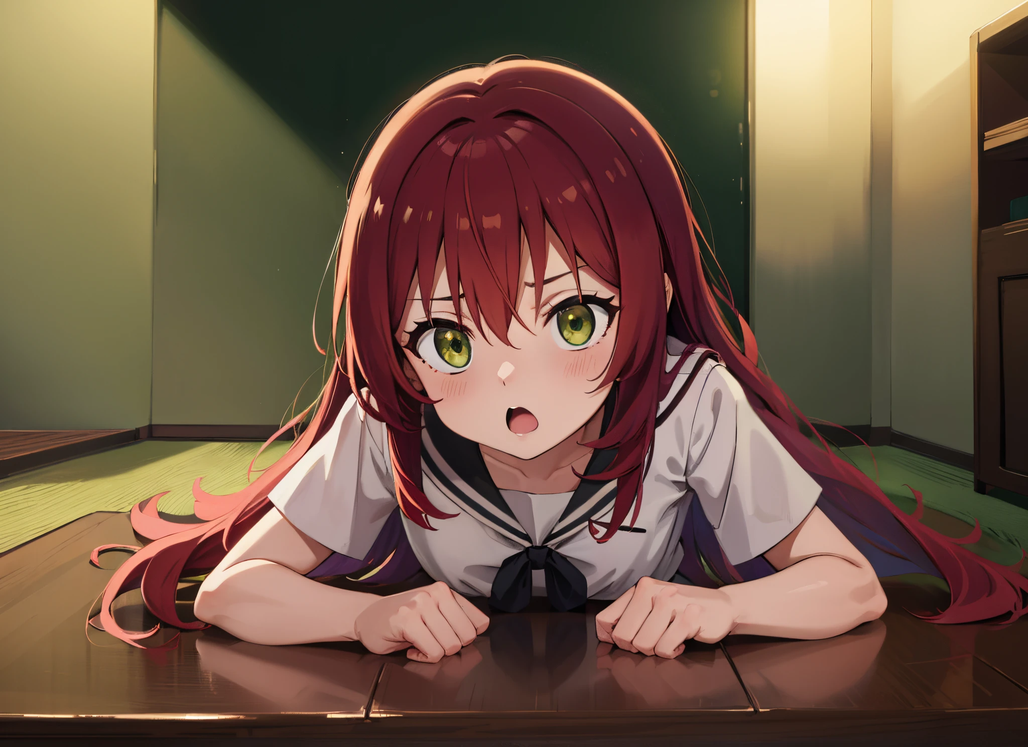 kitaikuyo, ikuyo kita, (green eyes:1.5), hair between eyes, long hair, one side up, red hair, (flat chest:1.2),
BREAK black footwear, black skirt, grey sailor collar, pleated skirt, sailor collar, school uniform, shoes, short sleeves, shuka high school uniform, skirt,,
BREAK looking at viewer,
BREAK indoors, classroom,
BREAK (masterpiece:1.2), best quality, high resolution, unity 8k wallpaper, (illustration:0.8), (beautiful detailed eyes:1.6), extremely detailed face, perfect lighting, extremely detailed CG, (perfect hands, perfect anatomy),up chest.big breasts.((((Surprised face)))).open mouth.fall down on the ground.
