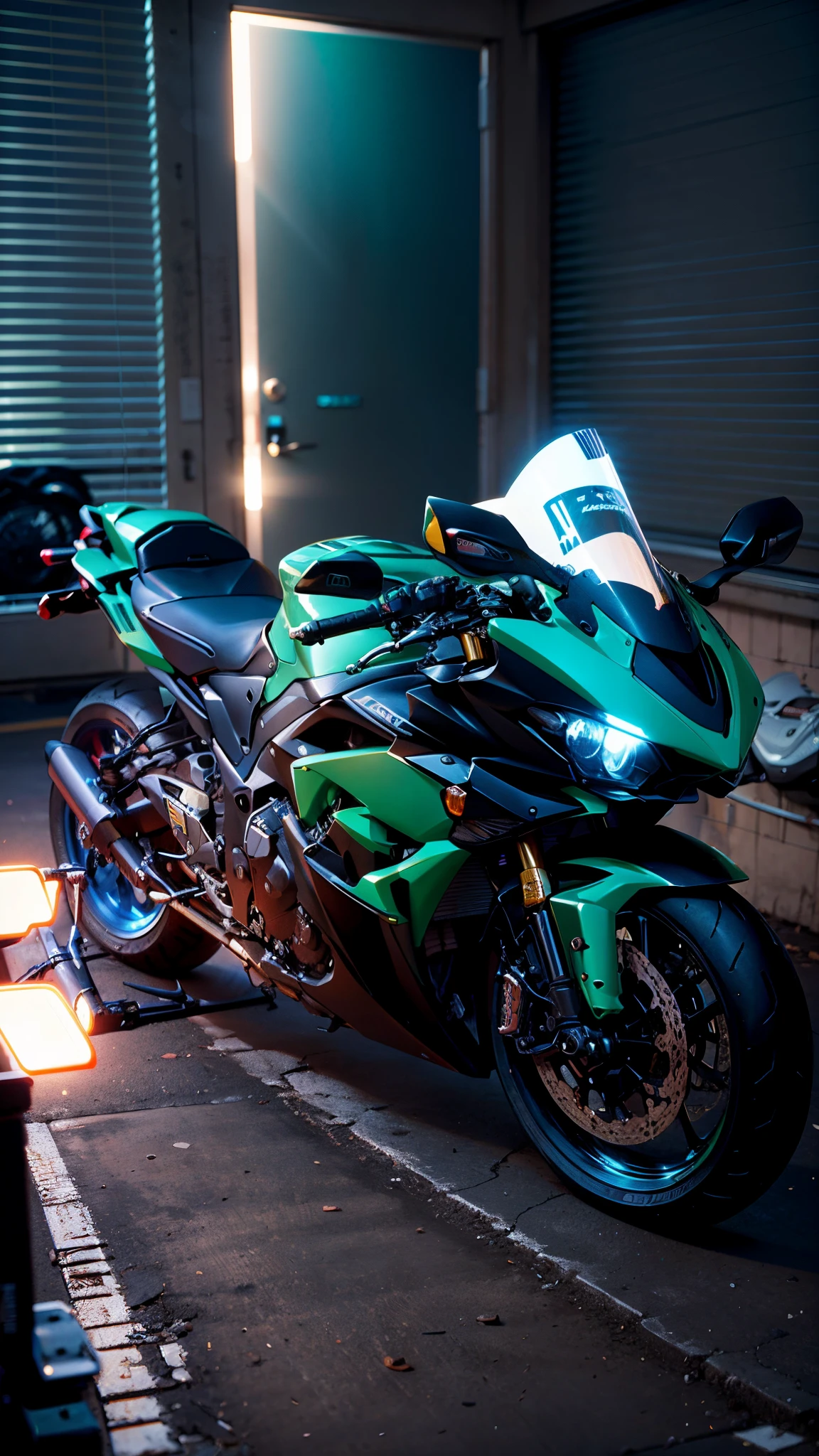 there is a motorcycle that is parked in a room, front lit, front side full, front profile!!!!, front profile, taken with sony a7r camera, front shot, yoshimura exhaust, front profile shot, cinematic front shot, front flash, motorcycle, front facing shot, front side, facing front, light from right, kawasaki, with dramatic lighting