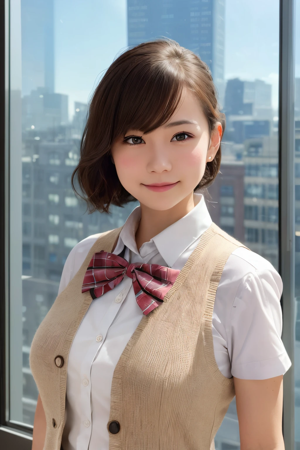 1girl, matured female, vest, bow, photo, realistic, best quality, hires, detailed face, office, buildings from window, detailed background, diffused sunlight, depth of field, bokeh