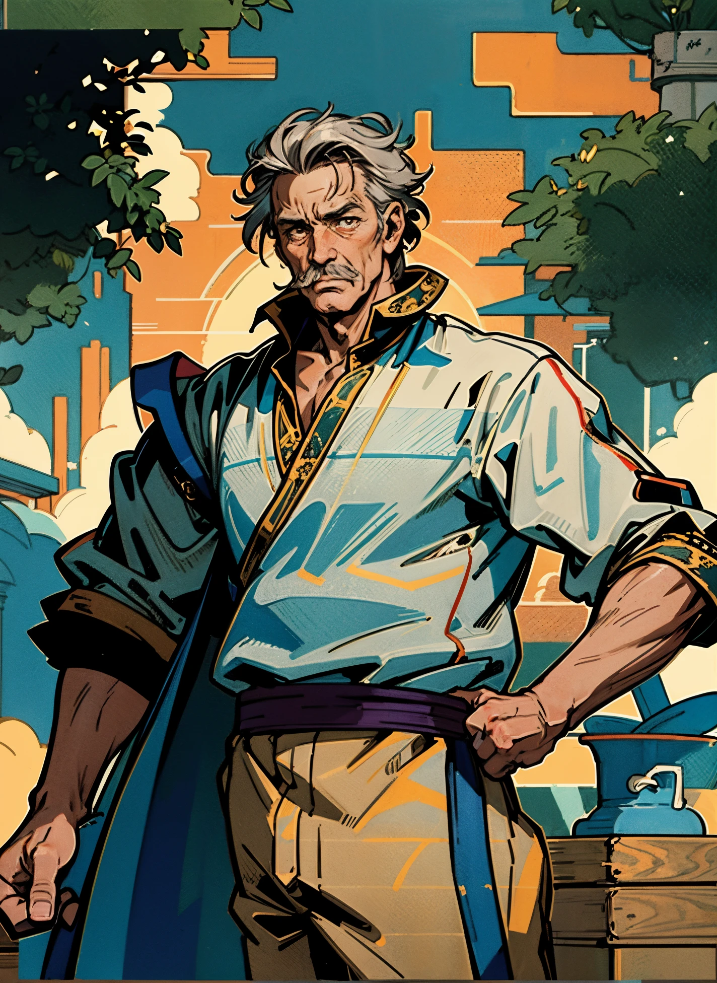 An elderly man, disheveled short hair in a brown-gray hue, approximately 60 years old, a bewildered gaze, quirky expression, wide-open mouth, a small mustache on his chin, a simple brown-yellow traditional Chinese clothing, coarse fabric trousers, the background consists of various artistic-style color blocks interwoven together, this character embodies a finely crafted whimsical fantasy-style in anime style, exquisite and mature manga art style, high definition, best quality, highres, ultra-detailed, ultra-fine painting, extremely delicate, professional, anatomically correct, symmetrical face, extremely detailed eyes and face, high quality eyes, creativity, RAW photo, UHD, 8k, Natural light, cinematic lighting, masterpiece-anatomy-perfect, masterpiece:1.5