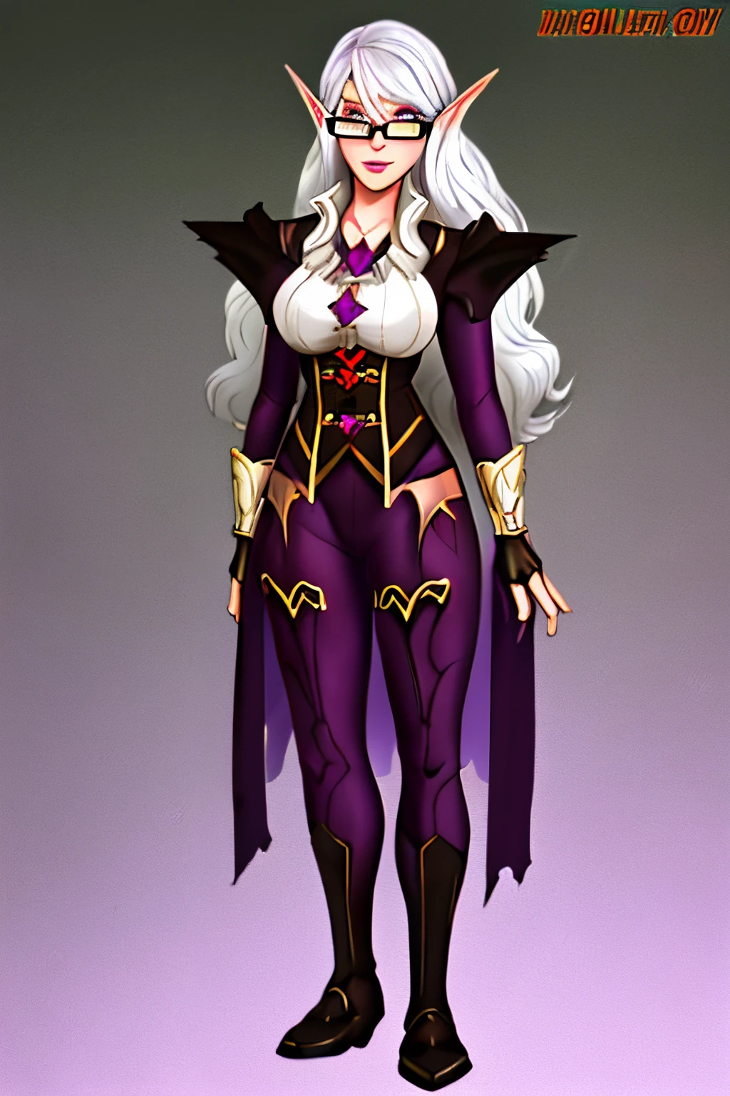 16k, HD, Professional, Highly Detailed, ((Masterpiece: 0.3)), (((High Quality))), Ultra-detailed face, Highly Detailed Lips, Detailed Eyes, full body, full body, 1 dark elf girl, glasses, proud stance, purple skin, long white hair, silver eyes, admiral outfit