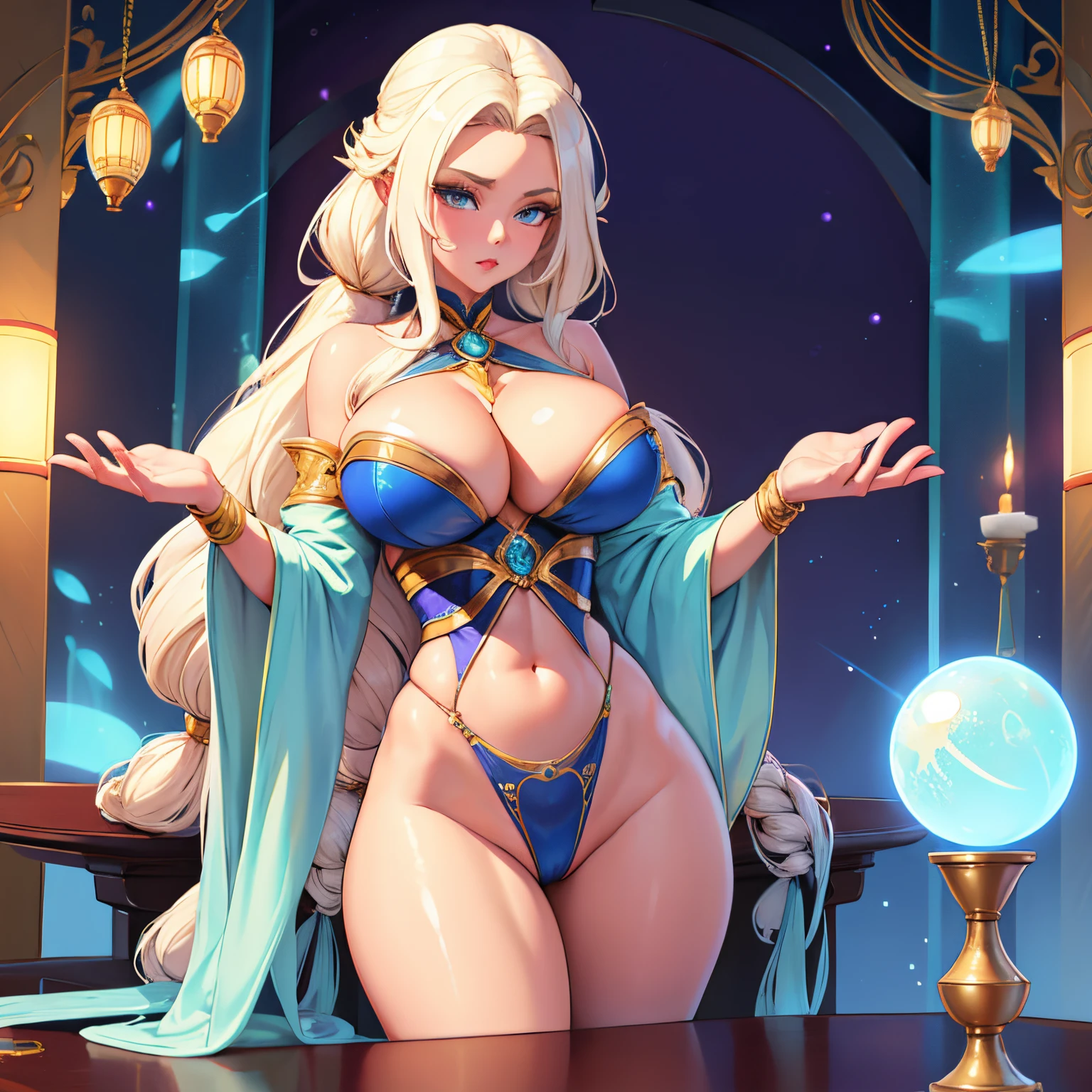 big pouty lips, blushing, almond-shaped-eyes, 4k, 8k ), (wide hips, thick thighs) huge breasts, boob squish, standing by silk couch, backlit, looking at viewer, low camera lens shot (masterpiece), (best quality:1.2), absurdres, intricate details, (highly detailed skin:1.2), ((luminous)) (((vivid bold color))) ((cinematic presentation)), long curly platinum blonde hair, blue eyes,  (((SOLO))), (((CLEAVAGE))), long braided ponytail, crystal ball on table, gypsy clothes, open silk kimono, fortune teller, gold jewelry, silk pillows, bare shoulders