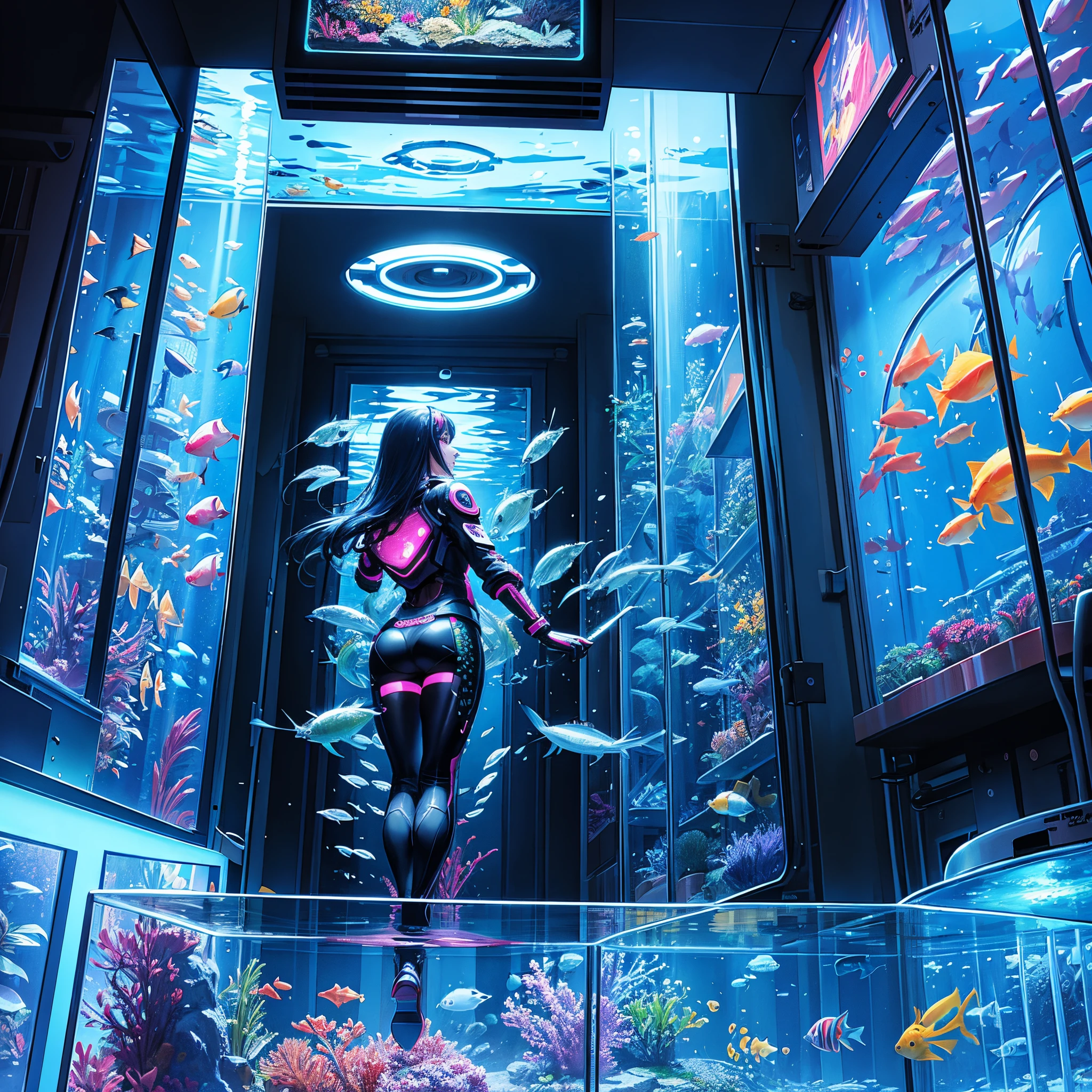 (masterpiece,top-quality,top-quality,Beautifully Aesthetic:1.2),artificially created fish,Tropical fish in machine,((Mechanically))Hyper Detail,Super delicate lines,fish on screen,digital fish,android fish,lensflare,((machine made fish,Geometric shapes,fish tank)),mechanical aquarium background,hologram landscape,Machine Eyes,((colourfull:1.5)),cyberpunk aquarium background,cyberpunked,Full of neon,Rear view of a woman looking at an aquarium,