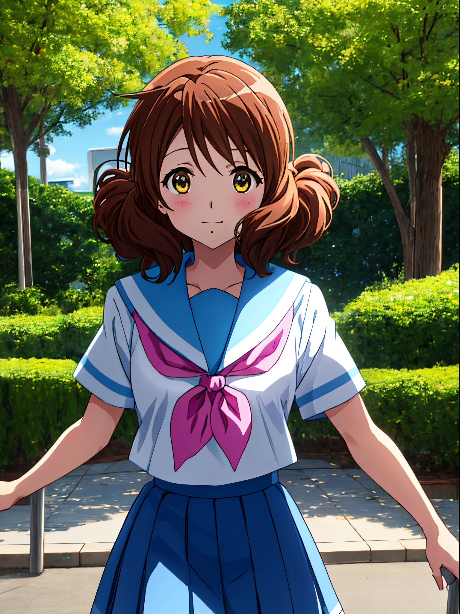 High quality anime、High Picture, Kumiko、masutepiece, 1girl in、Kitauji High School Uniform, neckerchief, Pink neckerchief, pleatedskirt, School uniform, serafuku, Wear a white shirt, Short sleeves, Skirt, white  shirt、Light blue skirt、Light blue uniform、a park、Beautiful flowers々Park in full bloom、An amusement park、Cowboy Shot、[3D images:1.5],[[Attractive eyes,A detailed eye、radiant eyes, Colorful eyes:1.15],Over all、Watching the viewer、front-facing view、 8k picture,Cute anime girl