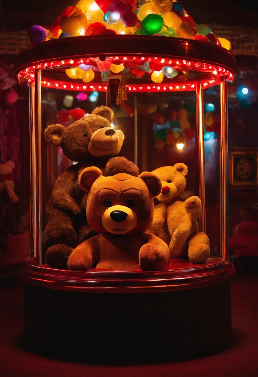 The creepy animatronic bear is posing at a claw machine, surrounded by stuffed animals and flashing lights, with a mischievous glint in its eye.,Five Nights at Freddy's,freddy fazbear