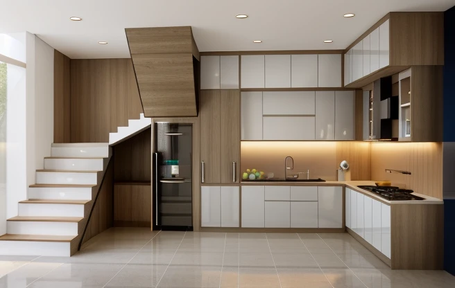 minimalist kitchen, glossy oak panel