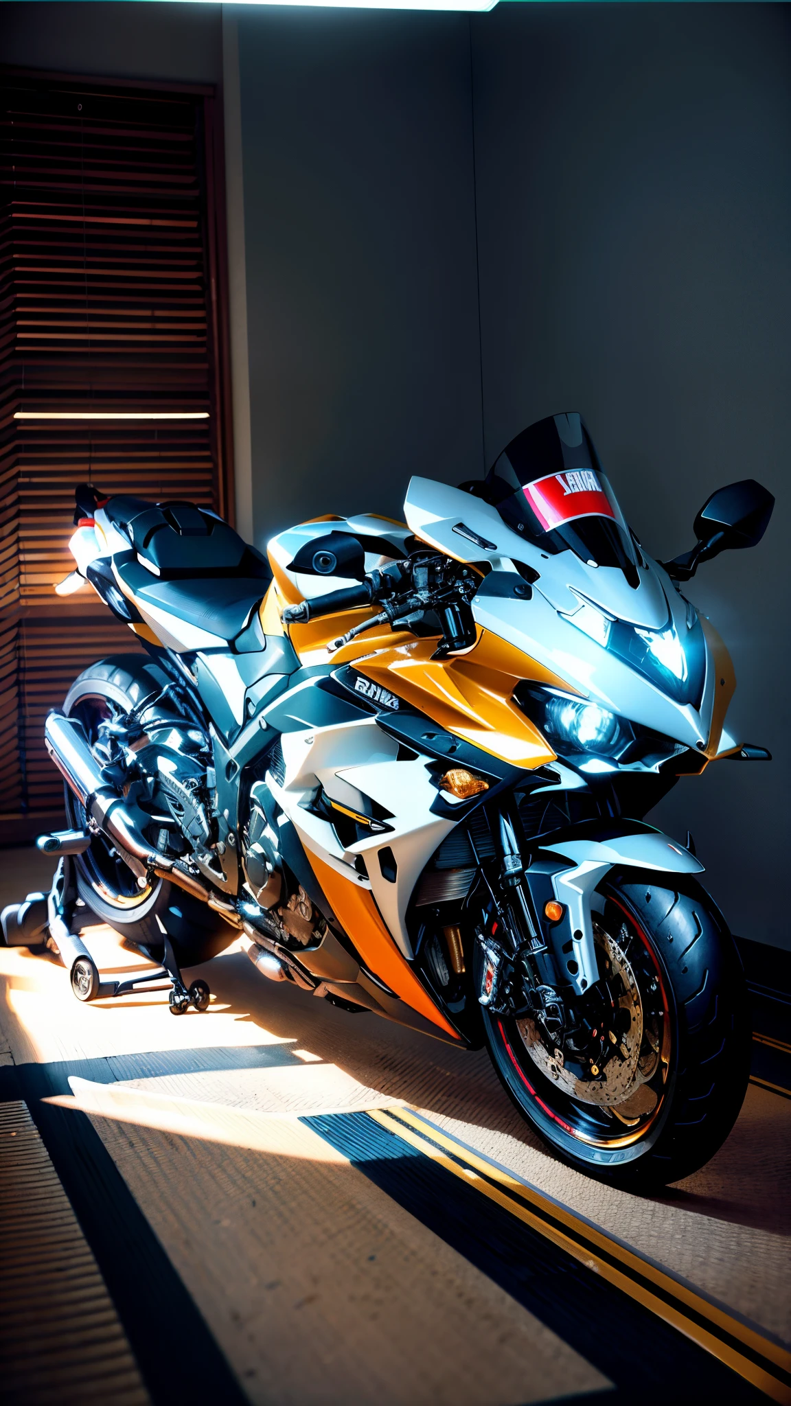 there is a motorcycle that is parked in a room, front lit, front side full, front profile!!!!, front profile, taken with sony a7r camera, front shot, yoshimura exhaust, front profile shot, cinematic front shot, front flash, motorcycle, front facing shot, front side, facing front, light from right, kawasaki, with dramatic lighting