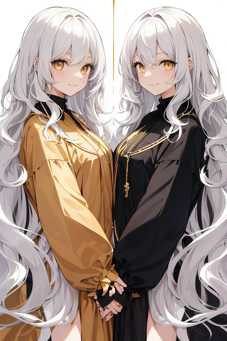 1womanl, ((Long wavy hair)), ((Half of her hair is white、The other half is black、Divided into 2 colors)), swept bangs, ((Golden Eyes)), Smile, Modern clothes、((overlooks))