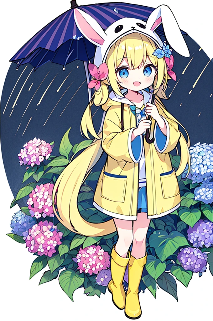 1girl,rainbow,raincoat,yellow raincoat,rubber boots,hydrangea,flower,long hair,twintails,boots,blush,umbrella,open mouth,hair ornament,white background,hood,solo,teruterubouzu,very long hair,hood up,long sleeves,low twintails,bow,bangs,smile,animal hood,blue eyes,rabbit,closed umbrella,puddle,full body,:d,snail,yellow footwear,simple background,pink flower,standing,leaf umbrella,holding umbrella,food-themed hair ornament,hair bow,animal ears,holding,blonde hair,hair flower,rain,animal,