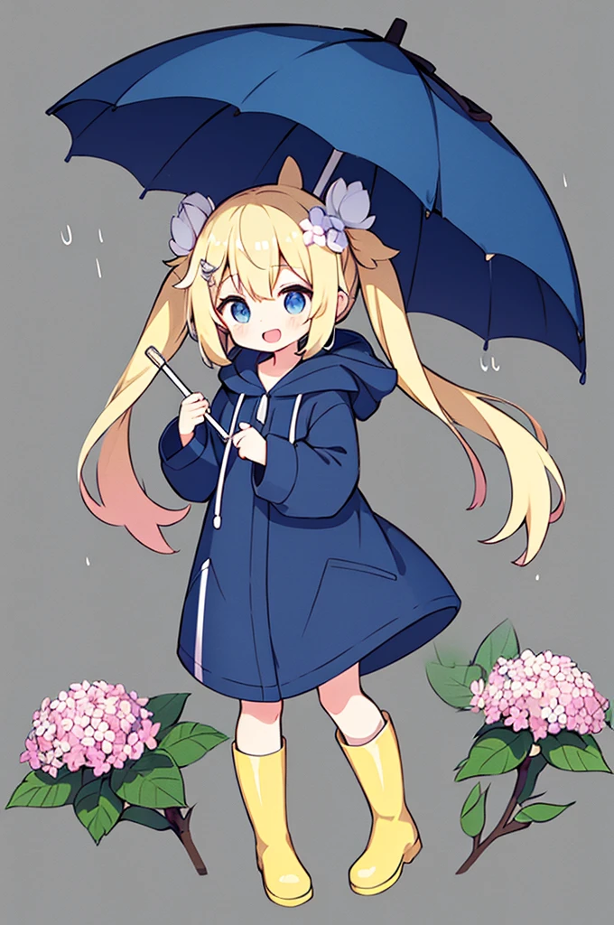 1girl,rainbow,raincoat,yellow raincoat,rubber boots,hydrangea,flower,long hair,twintails,boots,blush,umbrella,open mouth,hair ornament,white background,hood,solo,teruterubouzu,very long hair,hood up,long sleeves,low twintails,bow,bangs,smile,animal hood,blue eyes,rabbit,closed umbrella,puddle,full body,:d,snail,yellow footwear,simple background,pink flower,standing,leaf umbrella,holding umbrella,food-themed hair ornament,hair bow,animal ears,holding,blonde hair,hair flower,rain,animal,