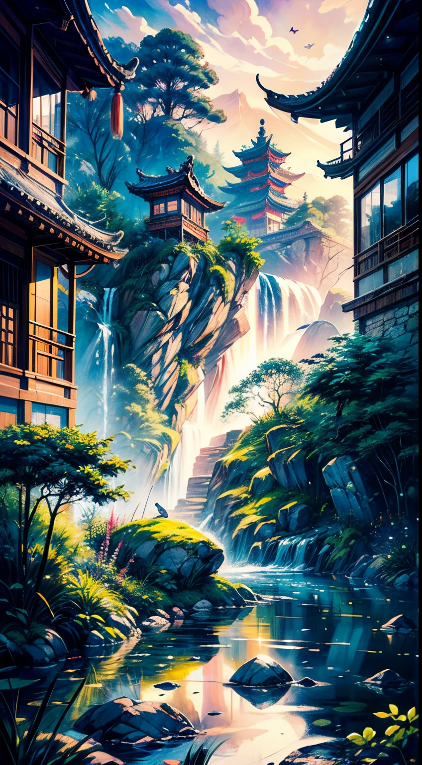 (best quality,4k,8k,highres,masterpiece:1.2),ultra-detailed,(realistic,photorealistic,photo-realistic:1.37),flying sky island, water fall, rainbow, chinese style, natural, colorful, giant water fall, sunset, purple sky, yellow sun, peaceful, serene, tranquil, majestic, ethereal, breathtaking, vibrant, picturesque, mystical, mesmerizing, dreamlike, romantic, awe-inspiring, enchanting, enchanting landscapes, captivating, graceful, soothing, idyllic, hidden oasis, hidden gem, paradise, hidden wonder, divine, mythical, serene beauty, divine beauty, otherworldly, aerial view, panoramic view, surreal, floating, suspended in the air, suspended in the sky, tranquil sea, sparkling water, cascading water, misty, misty water, roaring, powerful, fresh breeze, cool mist, gentle spray, shimmering, sparkling, gentle flow, peaceful flow, a fusion of nature and architecture, a harmonious blend, ornate Chinese architecture, pagoda, rustic wooden bridge, lush greenery, vibrant foliage, blooming flowers, delicate petals, chirping birds, fluttering butterflies, flowing robes, traditional Chinese clothing, tranquil ponds, stone statues, stone lanterns, serene reflection, distant mountains, distant horizon, distant islands, distant skyline, dramatic cliffs, rugged terrain, winding paths, meandering streams, stepping stones, traditional Chinese gardens, Zen garden, bonsai trees, tea house, meditation, tranquility, inner peace, cultural heritage, ancient traditions, rich history, hidden valleys, secluded nooks, golden hour, warm hues, soft sunlight, gentle twilight, magical atmosphere, calm and soothing, artistic masterpiece, poetic beauty, visual poetry, color palette, graceful brushstrokes, poetic composition, vibrant colors, traditional ink painting, watercolor, ink wash painting, naturalistic, asymmetry, simple and elegant, harmonious composition, detailed craftsmanship, symbolic motifs, artistic expression.