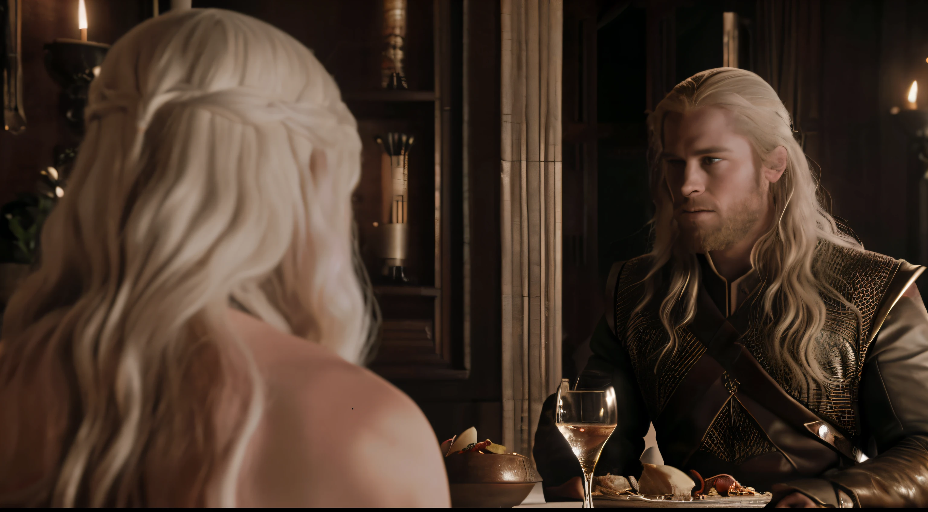 wide-angle, (best quality,4k,8k,highres,masterpiece:1.2),ultra-detailed,(realistic,photorealistic,photo-realistic:1.37),portrait,detailed face, Daenerys Targaryen look-alike queen and Thor look-alike warrior having dinner together