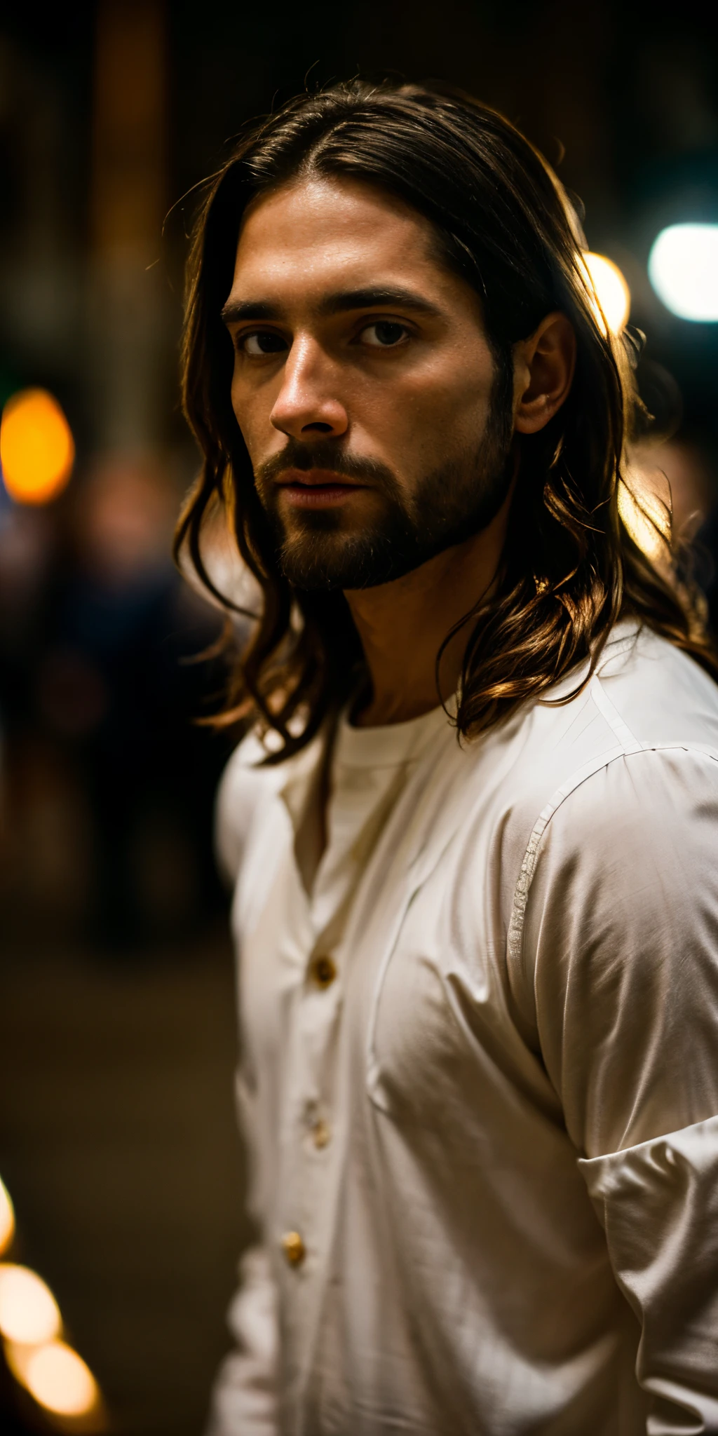 portrait of modern day Jesus, cinematic lighting, depth of field, bokeh, realism, photorealistic, hyperrealism, professional photography, uhd, dslr, hdr