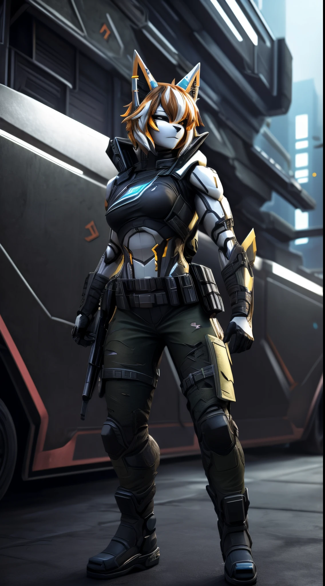 masterpiece, high quality, detailed art, concept art, character concept, ARKNIGHTS, sci-fi knights, anthro animals battle androids, (battle android model), female character android, (wearing [military|sexy|elegant:0.25] future outfit uniform with straps and accessories, cargo pants, military vest), (holding [weapon|shield:0.5]), action pose, battle damage, (visible (damaged parts:1.35) of (characters android body:1.3):1.15)