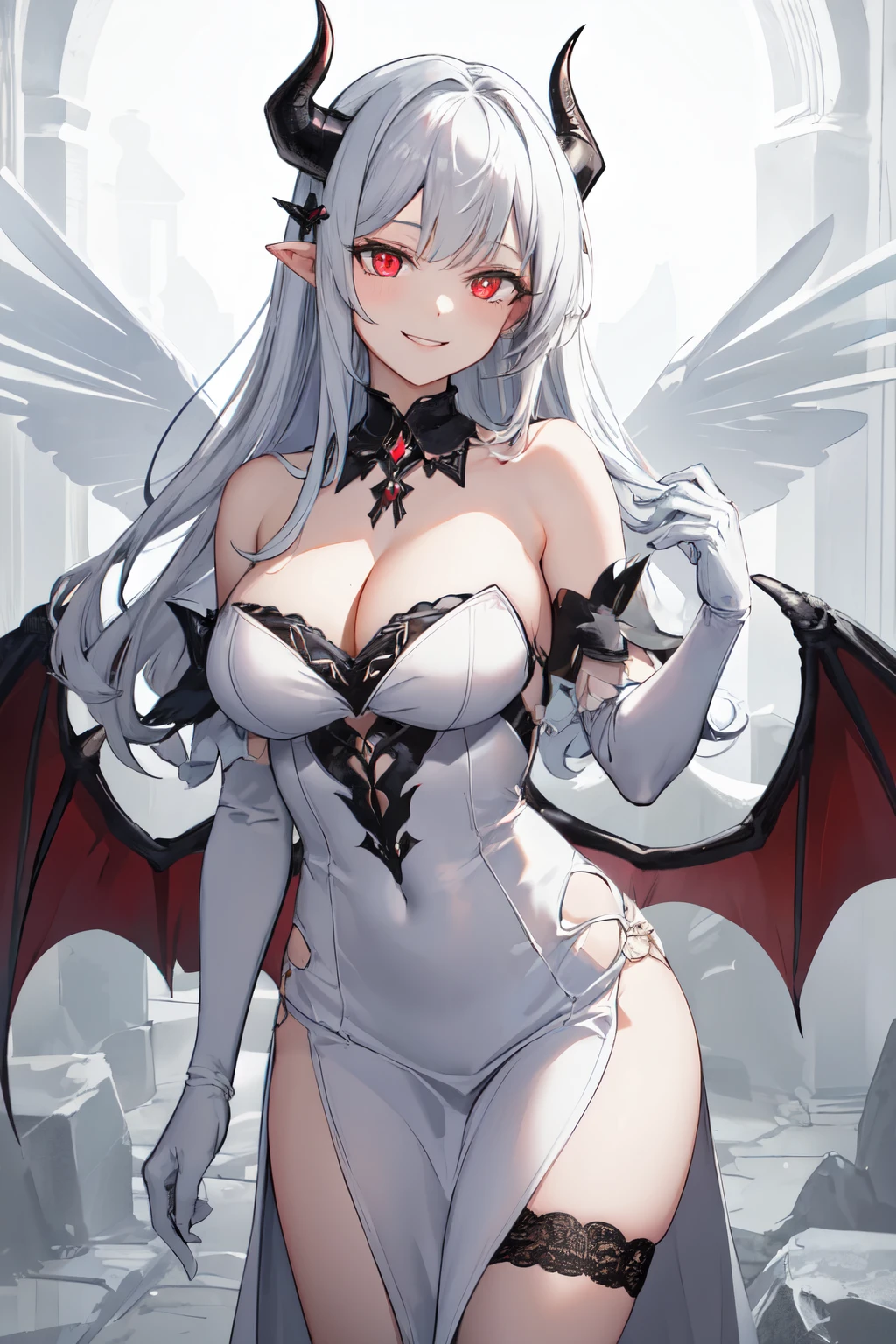 masterpiece, best quality, highres, al1, demon horns, slit pupils, white gloves, white dress, bare shoulders, detached collar, cleavage, black wings, feathered wings, low wings, cowboy shot, standing, smile, dungeon, evil smile,