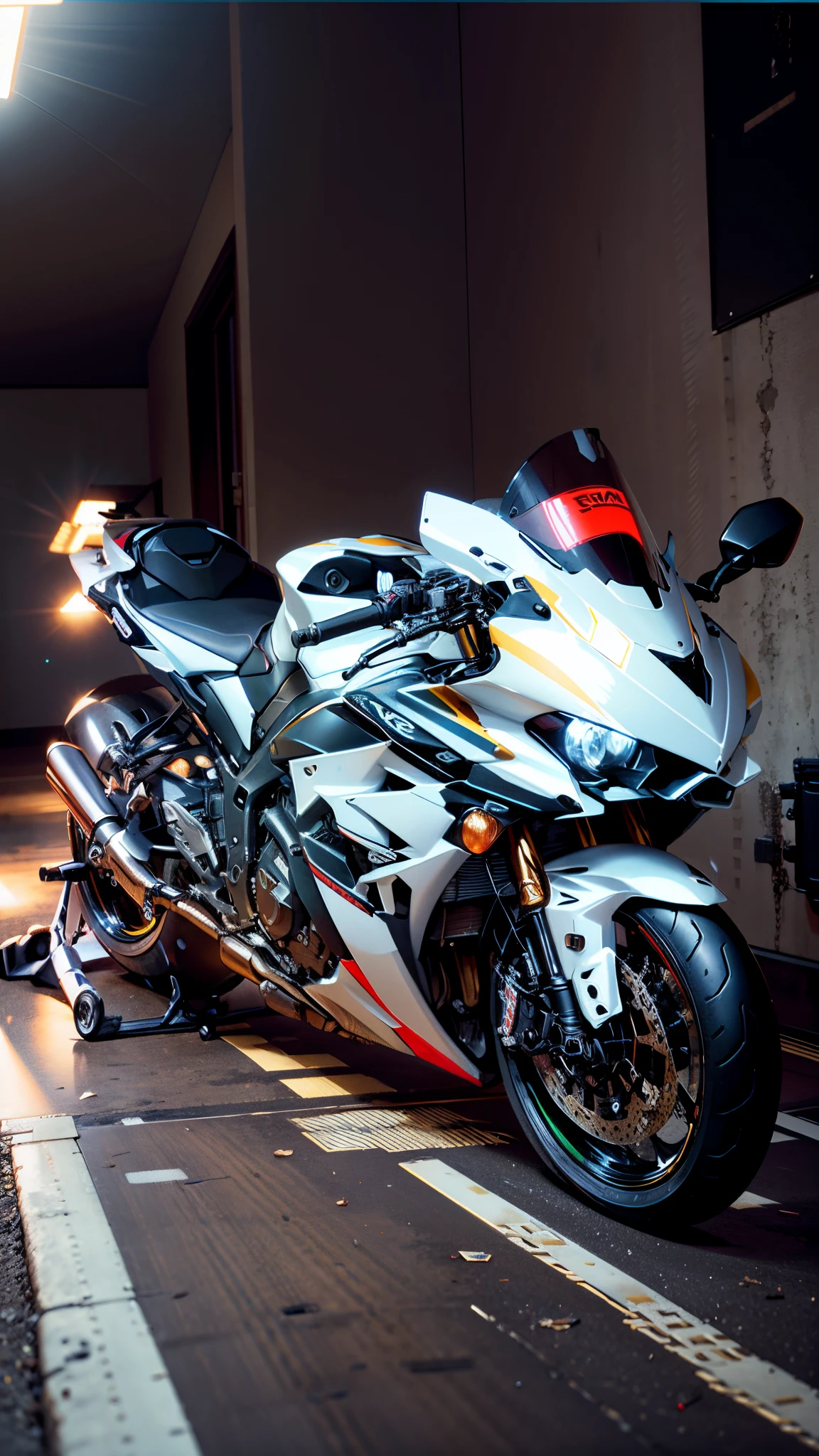 there is a motorcycle that is parked in a room, front lit, front side full, front profile!!!!, front profile, taken with sony a7r camera, front shot, yoshimura exhaust, front profile shot, cinematic front shot, front flash, motorcycle, front facing shot, front side, facing front, light from right, kawasaki, with dramatic lighting