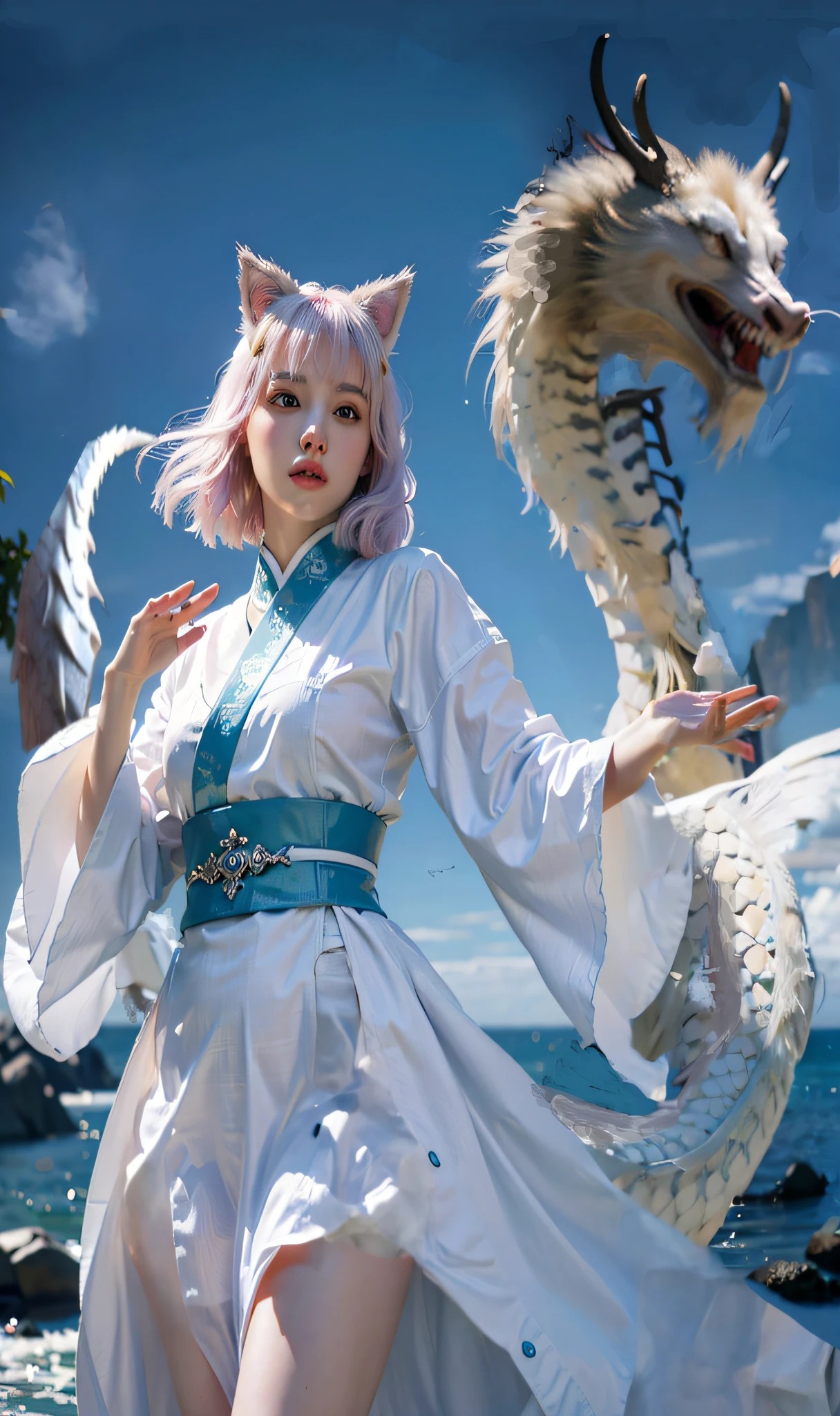 (Jujutsu Kaisen Style) ((A white dragon rose into the sky)), ＆(A cat-eared girl wearing a long-sleeved kimono fighting a Chinese dragon.; 1.3) , (Cat-eared girl fighting towards the camera : 1.3 ), (Cat ears are large and have downy hair..), light reflects on the water surface , light magic , Fantastic background , Background meaning , Beautiful background , There is artistic overlap , long Brond Hair , surrealist. Cinematic lighting , Ray tracing , God Light , SPEEDLINE , angle of view , Hyper Hi-Vision, ​master piece, top-quality , super detailing , hight resolution , hightquality , ( Distant view : 1.3)(top-quality:1.4), ((​masterpiece)), ((realisitic)), (detaileds),(Photorealsitic:1.4), (The Chinese white dragon is looking at us), ＆A cat-eared woman wearing a long-sleeved kimono stands in front of a white dragon at a mysterious waterfall..., (The cat ears are the same color as the hair and are larger...), By this、It feels very natural and real, Cinematic. leng jun, still from a fantasy movie, wlop and ross tran, chinese fantasy, elegant cinematic fantasy art, ross tran and wlop, matte painting portrait shot, Movie photography concept art, Portrait of a girl with cat ears, fantasy character photo, Fantasyart,