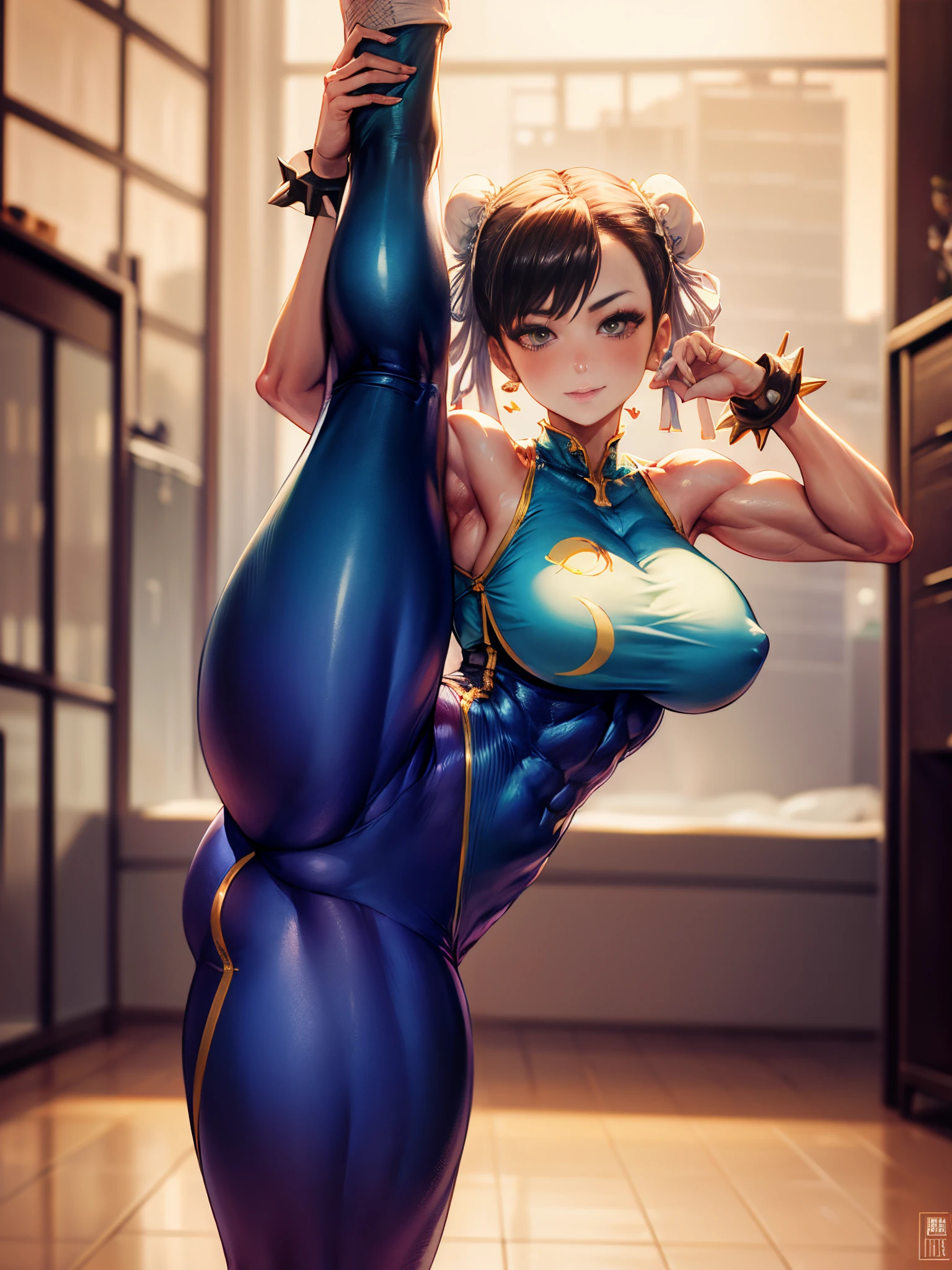 (masutepiece, Best Quality:1.4), (Standing on one leg:1.2), (standing split:1.3), 1girl in, Solo, SFA Chun, Blue vest, Unitard, Blue Pants, skintight, Yellow Ribbon, Short hair, sneakers, Bare shoulders, Looking at Viewer, beautiful smiling face, Beautiful face, Highly detailed face, Highly detailed eyes, Subsurface scattering, Realistic pupils, Full face blush, Full lips, Detailed background, depth of fields, Volumetric lighting, Sharp Focus, absurderes, Realistic proportions, 16K HDR, fullllbody, Hand lifting one leg, street fighter, well-muscled, Abs, flexible, dojo, Toned, Muscular legs, Detailed legs, Detailed body