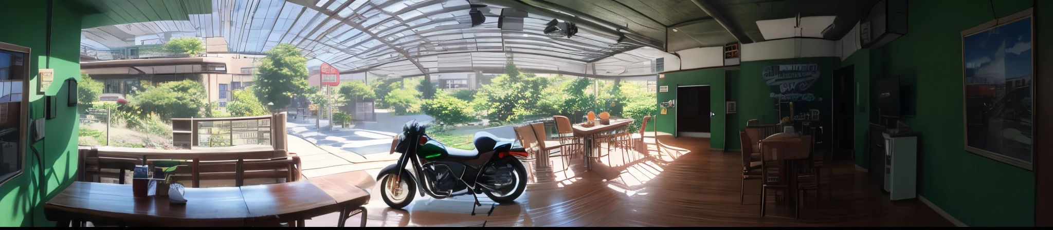 motorcycles parked in a row in a green room with a long table, green terrace, one motorbike in center of frame, Namanya equirectangular perspective, wide-angle shot, wide - angle shot, very wide angle view, wide-angle view, wide - angle view, wide long view, extremely wide angle shot, patio, very wide angle shot, wide angle photo, photography shot, anime, anime style, 4k, 4k detailed, 4k anime,