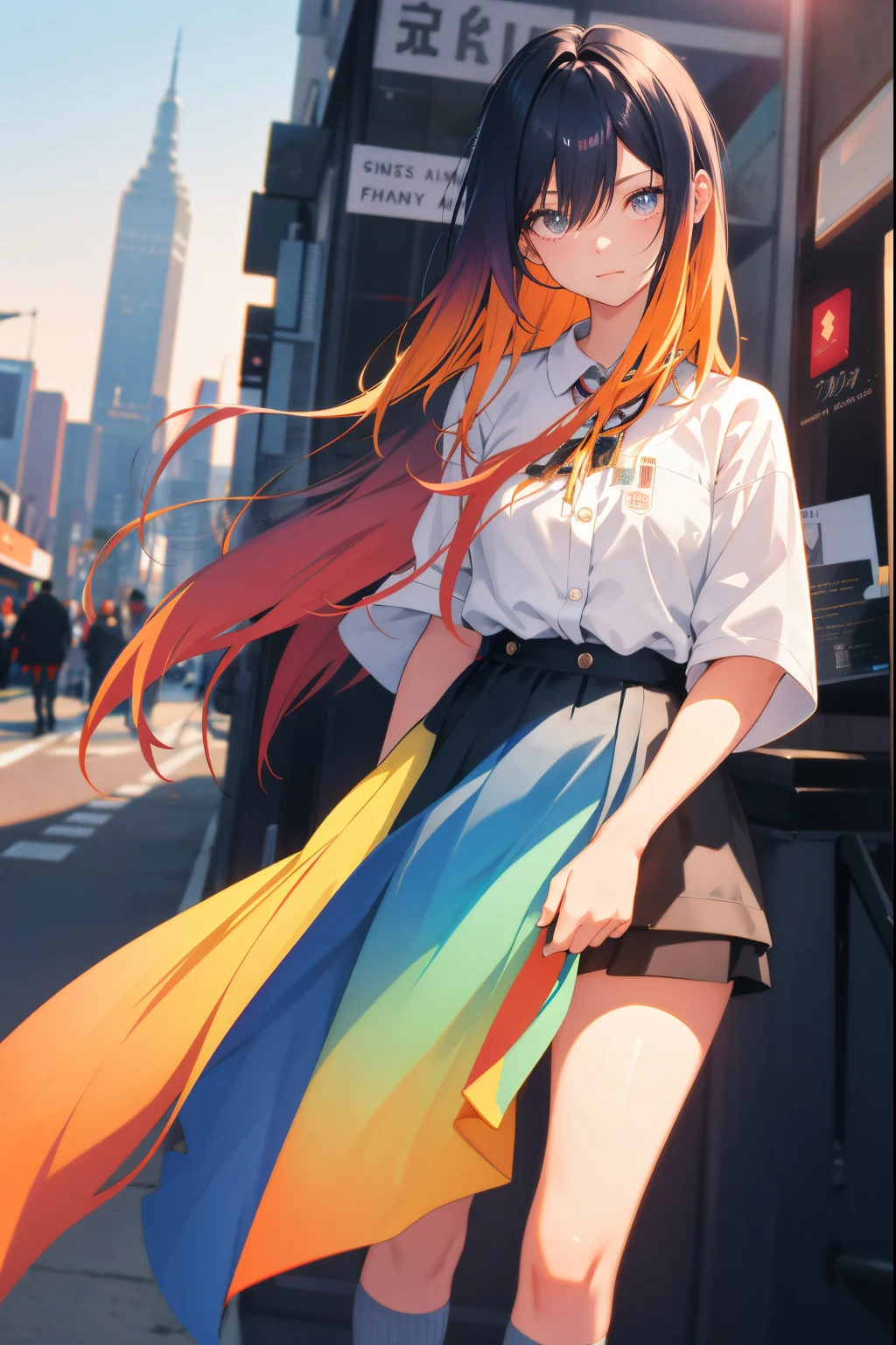 NY, (gradient hair, dutch angle:1.3), film grain, chromatic aberration, city, masterpiece, best quality, raw photo, photorealistic, absurdres, 1girl, cute, perspective, cowboy shot, highres, ultra detailed, detailed eyes and face, sharp pupils, realistic pupils, sharp focus, summer, night, detailed full figure, beautiful socks, Socks above the knees, chance meeting, runaway from home