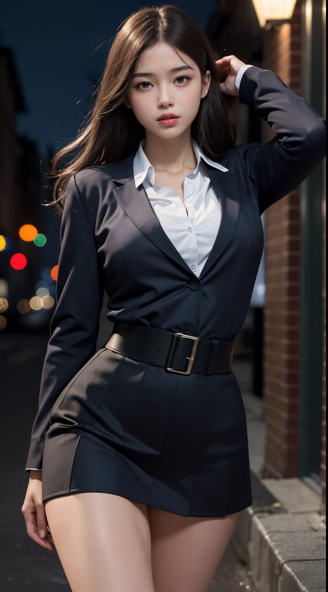 Best quality, masterpiece, ultra high res, (photorealistic:1.4), raw photo, (perfect body shape), dynamic pose, 1girl, waist up, solo, school uniform, in the dark, night, on the street, deep shadow, low key, cold light 12000K