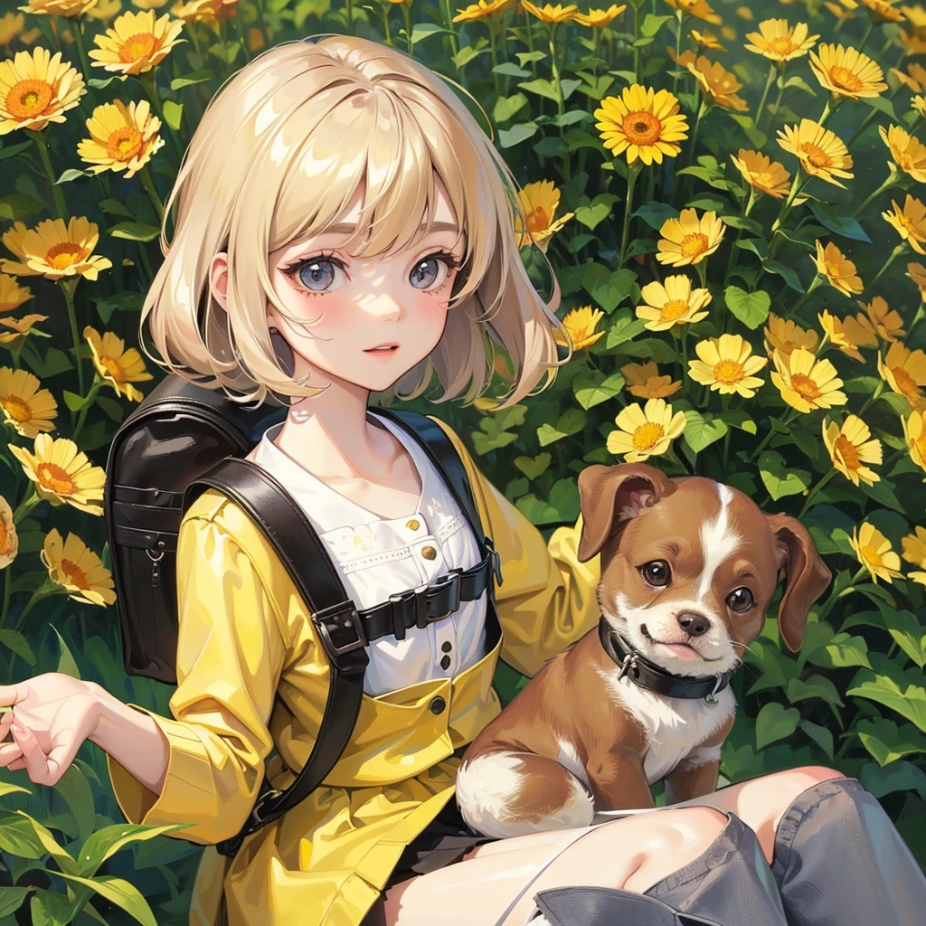 Tip: A very charming little girl with a backpack and her cute puppy enjoying a lovely spring outing surrounded by beautiful yellow flowers and nature. The illustration is a high-definition illustration in 4k resolution, featuring highly detailed facial features and cartoon-style visuals.