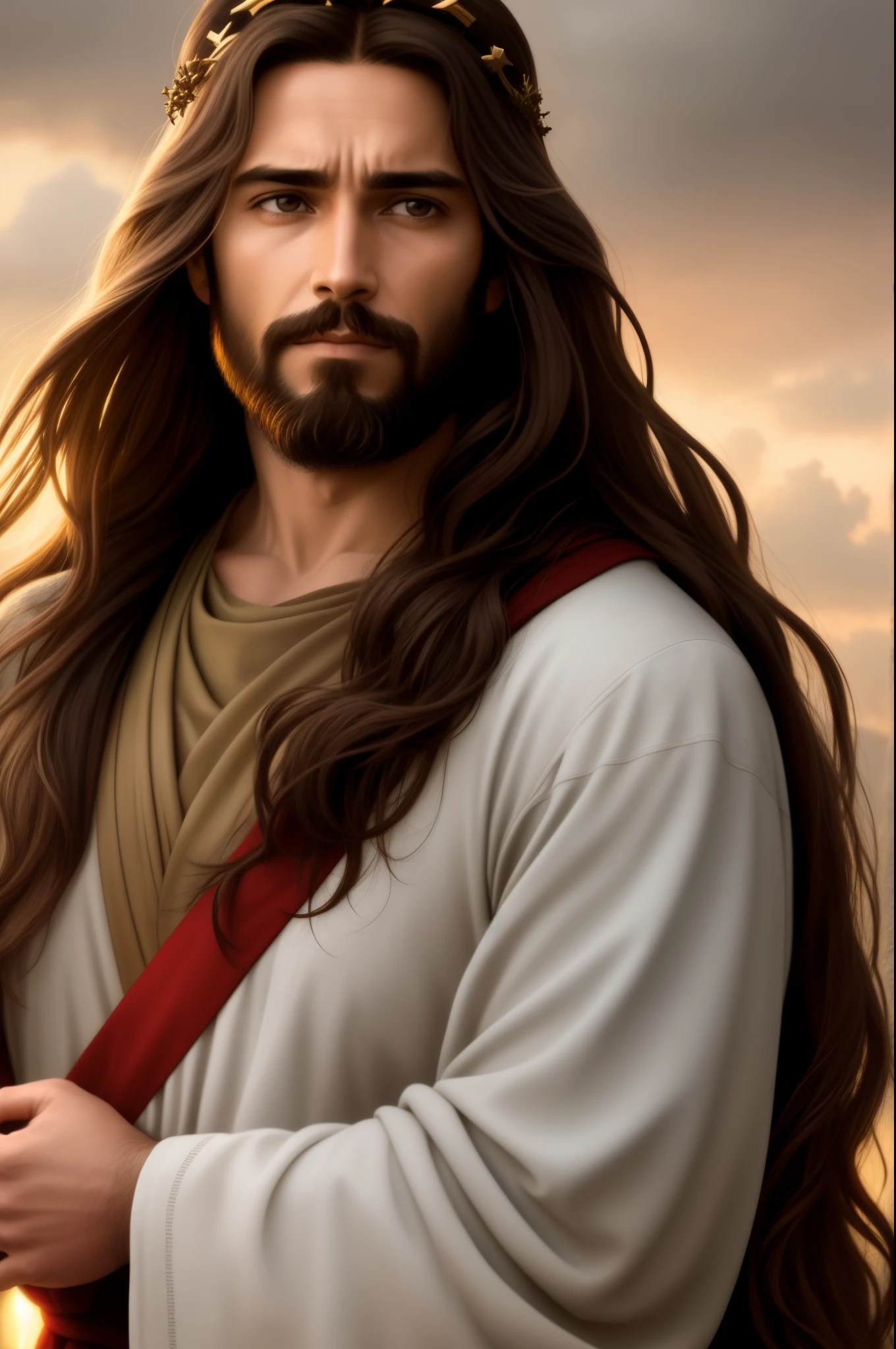 "Please create a realistic portrait of Jesus, representing him as a simple and humble man. Highlight the calm and compassionate expression on your face, with serene eyes and a soft smile. Be sure to faithfully portray Jesus' signature facial features, such as his beard and long hair. Add a crown of thorns on your head, emphasizing the painful aspect, but without exaggerating the violence. Use soft lighting to emphasize the aura of kindness and peace around it. The main focus should be to convey the message of love and compassion that Jesus represents. Please avoid any offensive or disrespectful depictions. The goal is to create a reverent and inspiring image that captures the essence of Jesus as a simple man and the Savior of mankind."