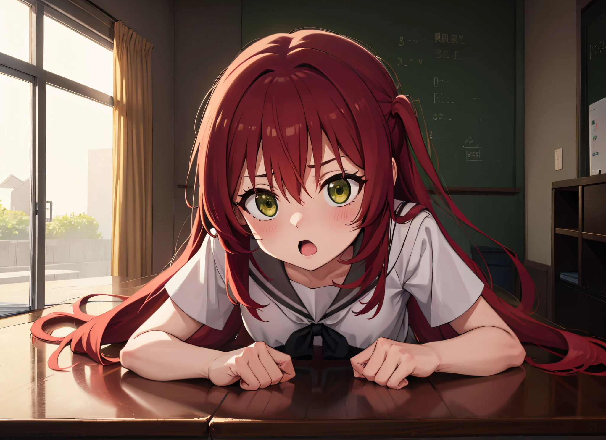 kitaikuyo, ikuyo kita, (green eyes:1.5), hair between eyes, long hair, one side up, red hair, (flat chest:1.2),
BREAK black footwear, black skirt, grey sailor collar, pleated skirt, sailor collar, school uniform, shoes, short sleeves, shuka high school uniform, skirt,,
BREAK looking at viewer,
BREAK indoors, classroom,
BREAK (masterpiece:1.2), best quality, high resolution, unity 8k wallpaper, (illustration:0.8), (beautiful detailed eyes:1.6), extremely detailed face, perfect lighting, extremely detailed CG, (perfect hands, perfect anatomy),up chest.big breasts.((((Surprised face)))).open mouth.fall down on the ground.