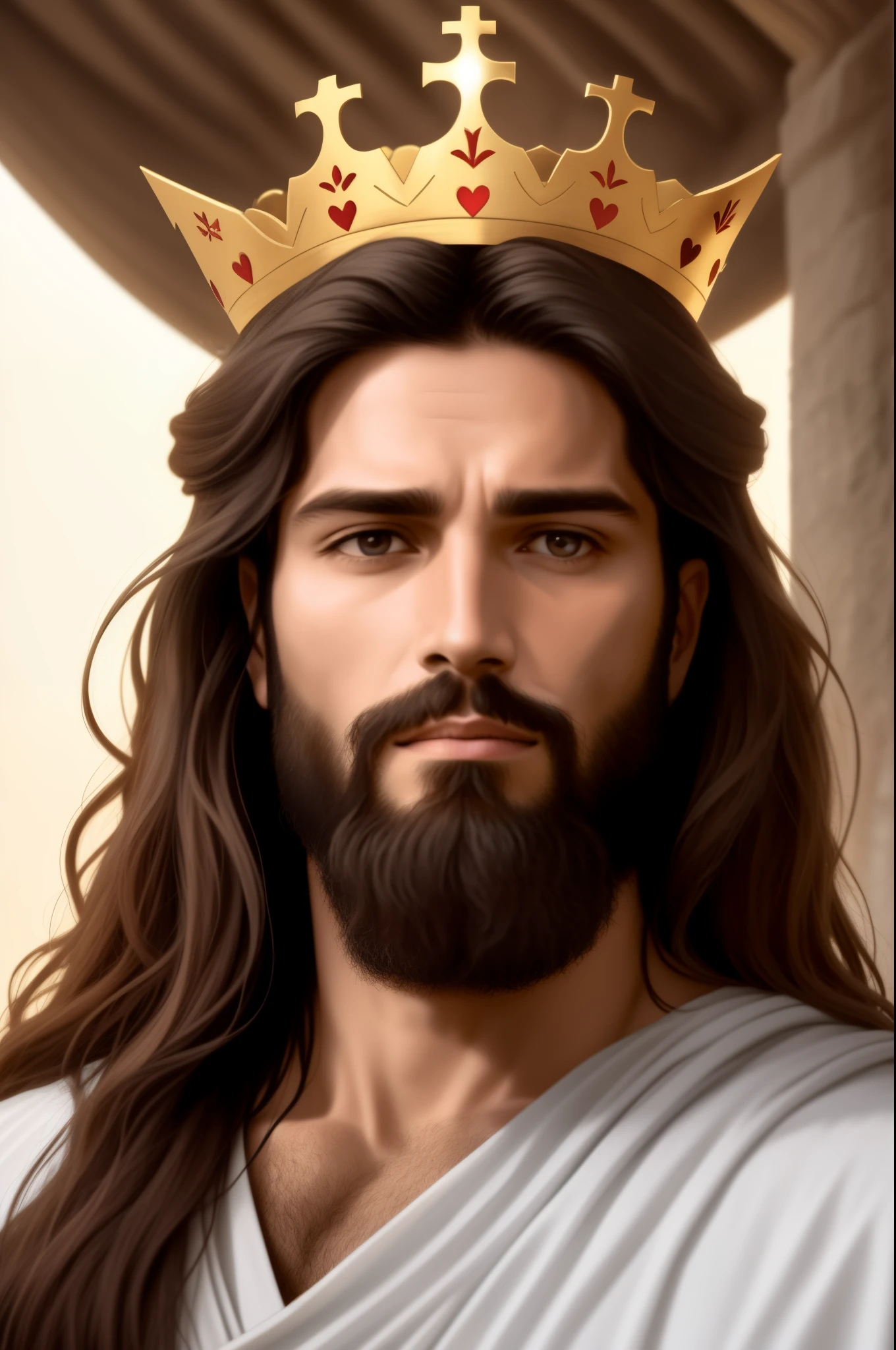 "Please create a realistic portrait of Jesus, representing him as a simple and humble man. Highlight the calm and compassionate expression on your face, with serene eyes and a soft smile. Be sure to faithfully portray Jesus' signature facial features, such as his beard and long hair. Add a crown of thorns on your head, emphasizing the painful aspect, but without exaggerating the violence. Use soft lighting to emphasize the aura of kindness and peace around it. The main focus should be to convey the message of love and compassion that Jesus represents. Please avoid any offensive or disrespectful depictions. The goal is to create a reverent and inspiring image that captures the essence of Jesus as a simple man and the Savior of mankind."