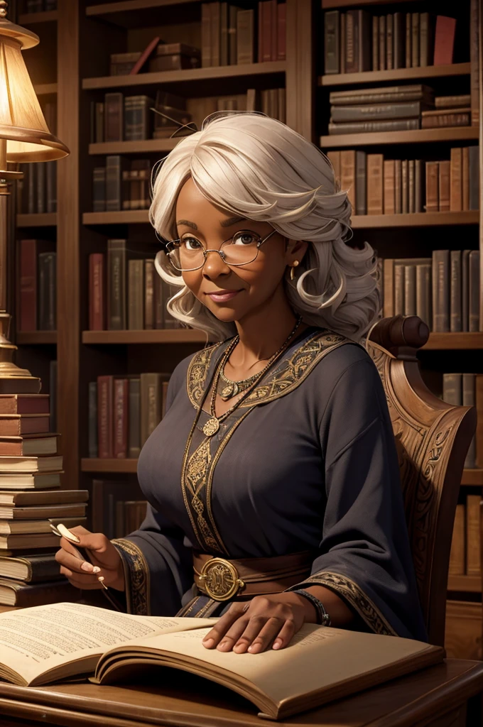 (a wise old black woman), front facing, intense eyes, lit by a lamp in a library,vibrant colors,vivid details,realistic lighting,high-res,hint of nostalgia,intricate bookshelves,soft reading chair,aged wooden tables,dusty air particles,gentle smile,wise eyes,flowing white hair,regal posture,curling antique handwriting,classic literature,dimly lit corners,peaceful ambiance,stacks of books,reverence for knowledge,mural on the ceiling,engravings on the walls,leather-bound tomes,long shadows,dappled light,subtle fragrance of old books,cosy atmosphere,quiet whispers of turning pages