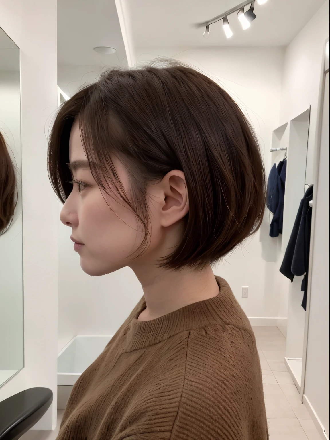​masterpiece、top-quality、8K、realisitic、独奏、portlate、1girl in、(white backgrounid)、(top-quality、8k、32k、​masterpiece、UHD:1.2)、Photos of pretty Japan women、(详细的脸:1.1)、Shot in natural light、Autumn clothes、Ultra-realistic capture、A highly detailed,high-definition16Kfor human skin、 Skin texture is natural、The skin looks healthy with an even tone、 Shot in natural light、Random Poses、Other shots、Medium hair、bob、Shot in a beauty salon、Taken in front of the white door、Autumn clothes、Winter clothes、(Woman looking to the side)、(Profile of a woman)
