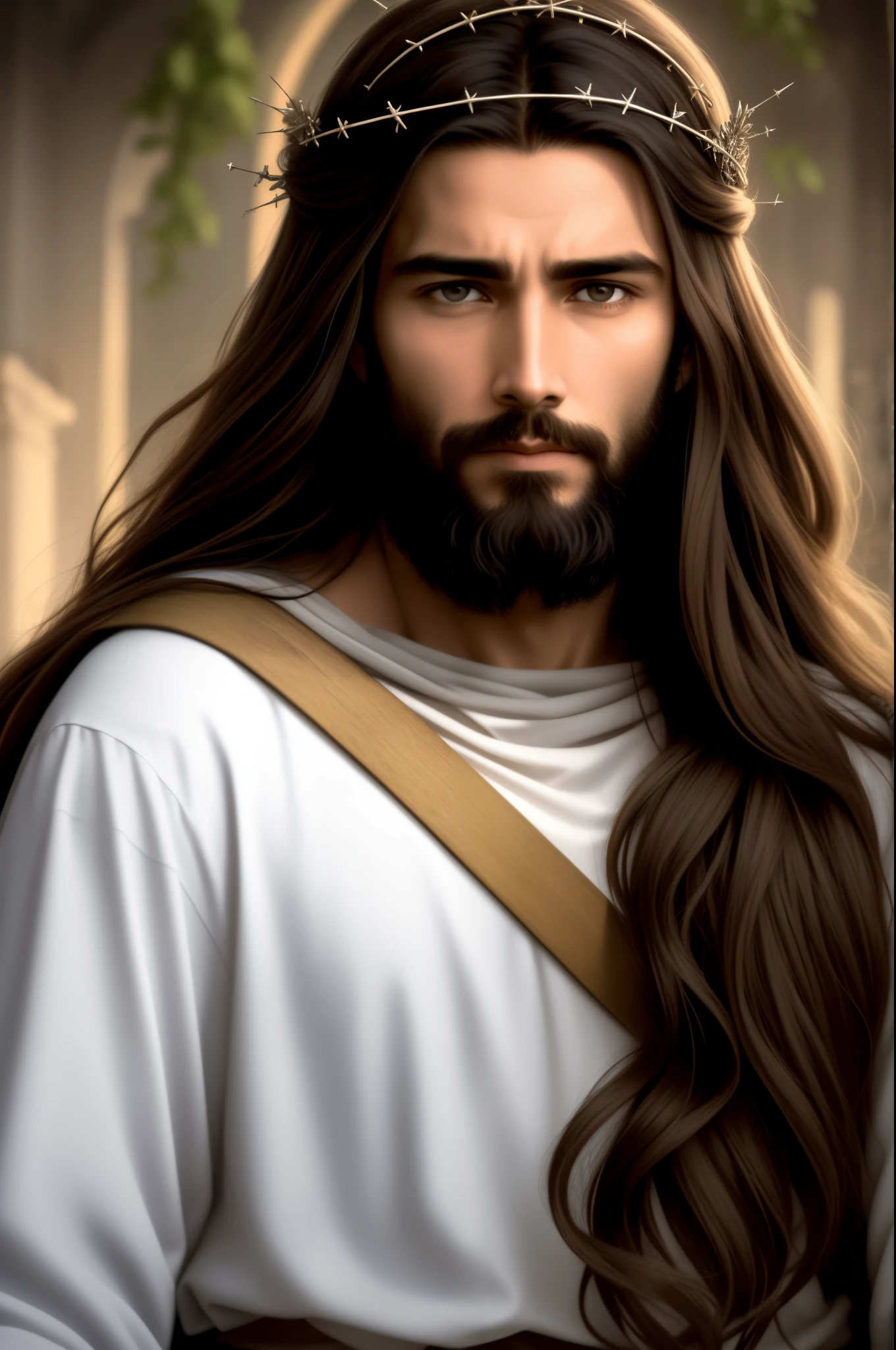 "Please create a realistic portrait of Jesus, representing him as a simple and humble man. Highlight the calm and compassionate expression on your face, with serene eyes and a soft smile. Be sure to faithfully portray Jesus' signature facial features, such as his beard and long hair. Add a crown of thorns on your head, emphasizing the painful aspect, but without exaggerating the violence. Use soft lighting to emphasize the aura of kindness and peace around it. The main focus should be to convey the message of love and compassion that Jesus represents. Please avoid any offensive or disrespectful depictions. The goal is to create a reverent and inspiring image that captures the essence of Jesus as a simple man and the Savior of mankind."