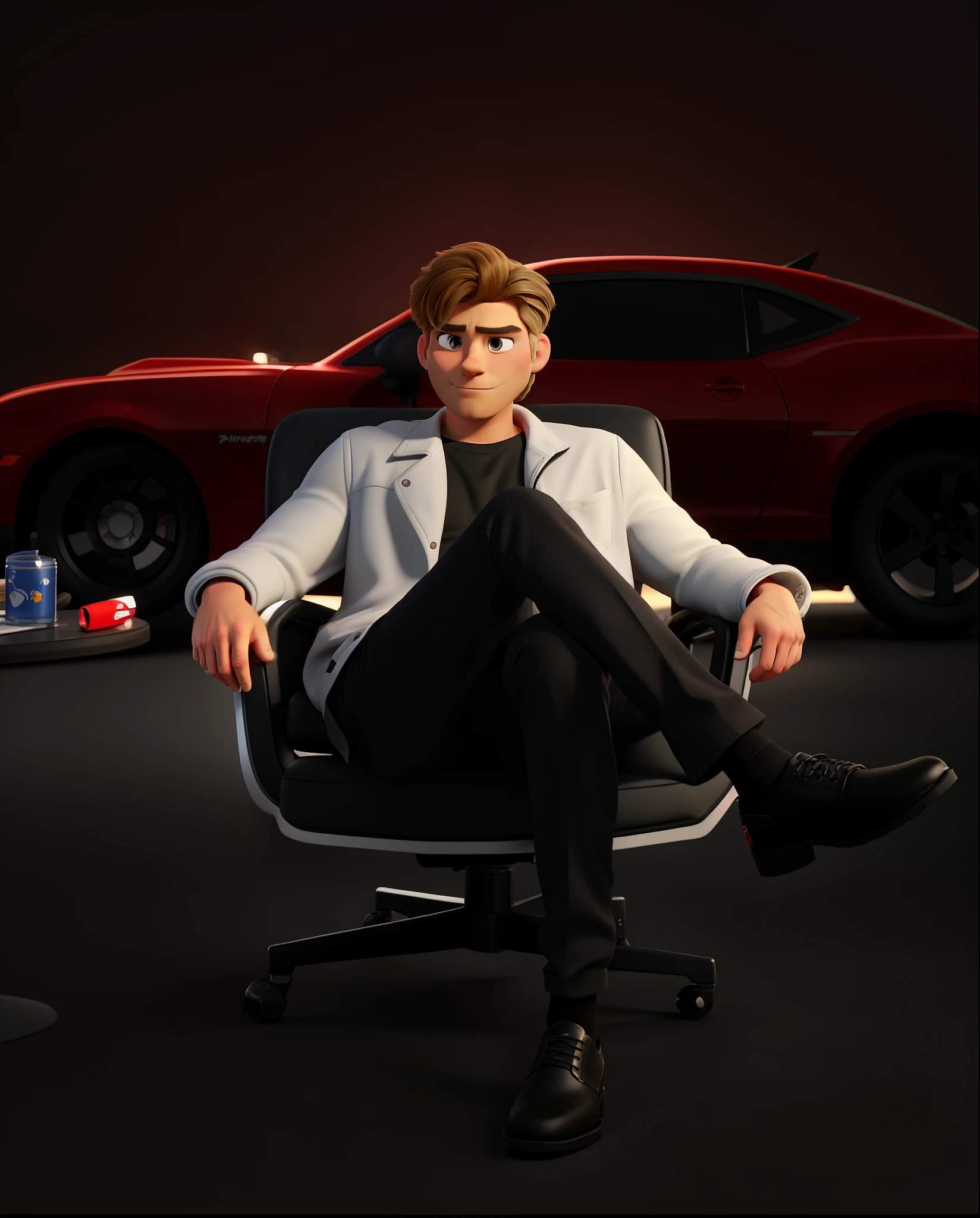 Create for me the image of a man who is sitting in a very beautiful chair, this man has a serious face looking at the camera, the man has medium hair, not so long, the color of his hair is blonde, the man has his legs crossed wearing a black shirt and a white jacket on top, they are also wearing black pants and black dress shoes, behind the background image there is a red camaro, create for me the image in the Disney Pixar universe with good quality